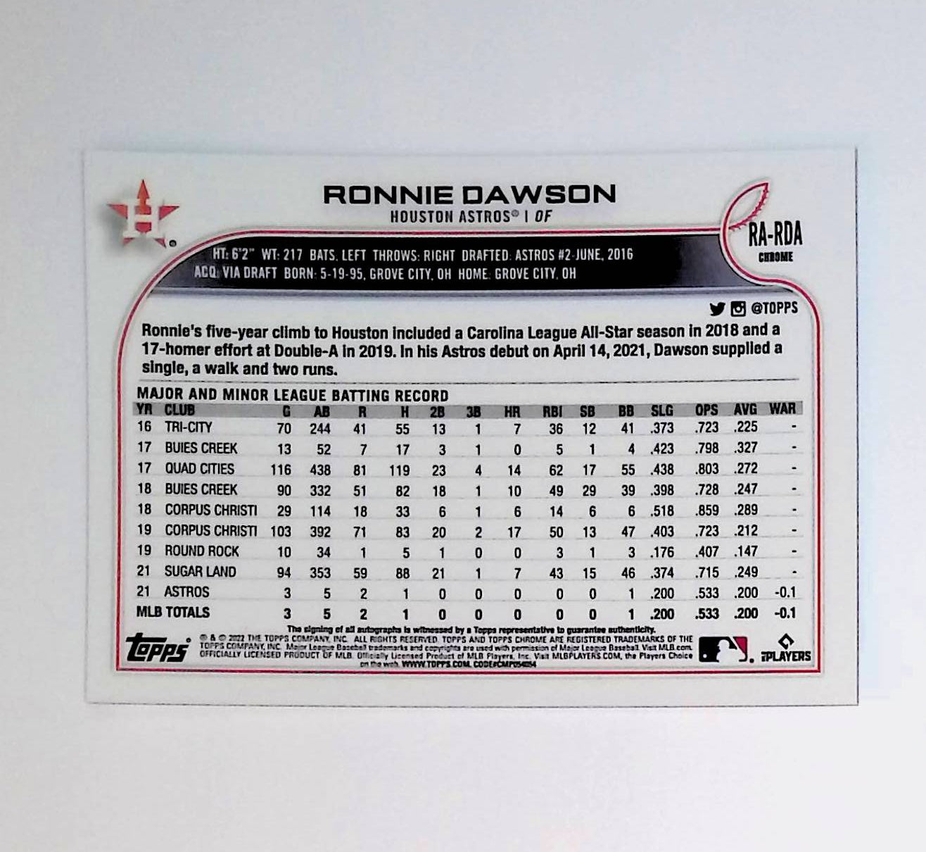 Ronnie Dawson 2022 Topps Chrome Rookie Autographs #RA-RDA (Rookie Card) - LoCo Collectables