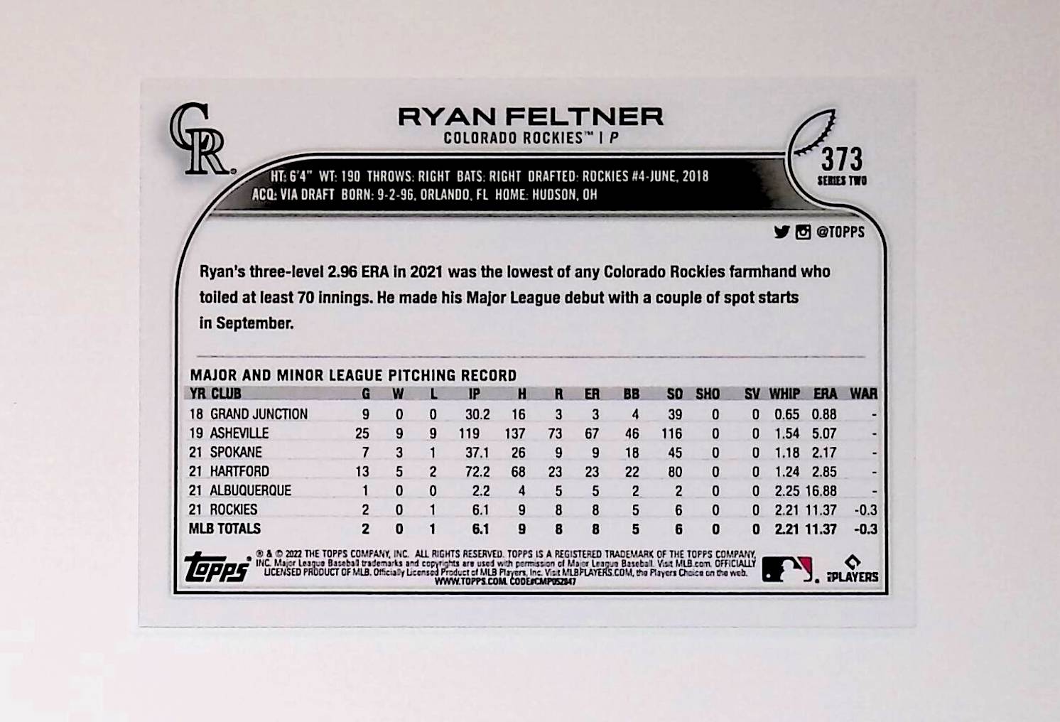 Ryan Feltner 2022 Topps #373 (Rookie Card) - LoCo Collectables