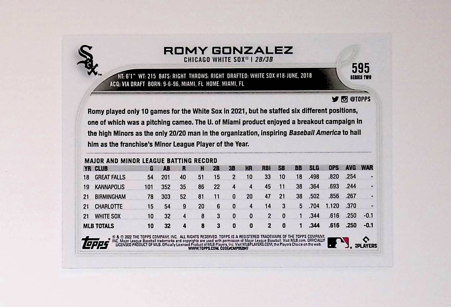 Romy Gonzalez 2022 Topps #595 (Rookie Card) - LoCo Collectables