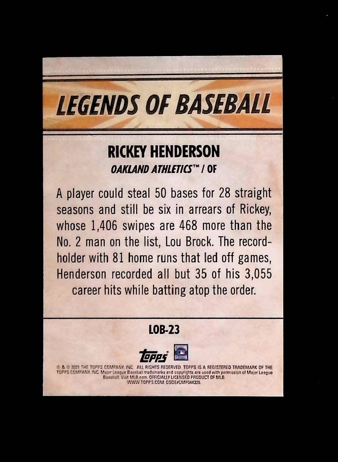 Rickey Henderson 2021 Topps Opening Day Legends of Baseball #LOB-23 - LoCo Collectables