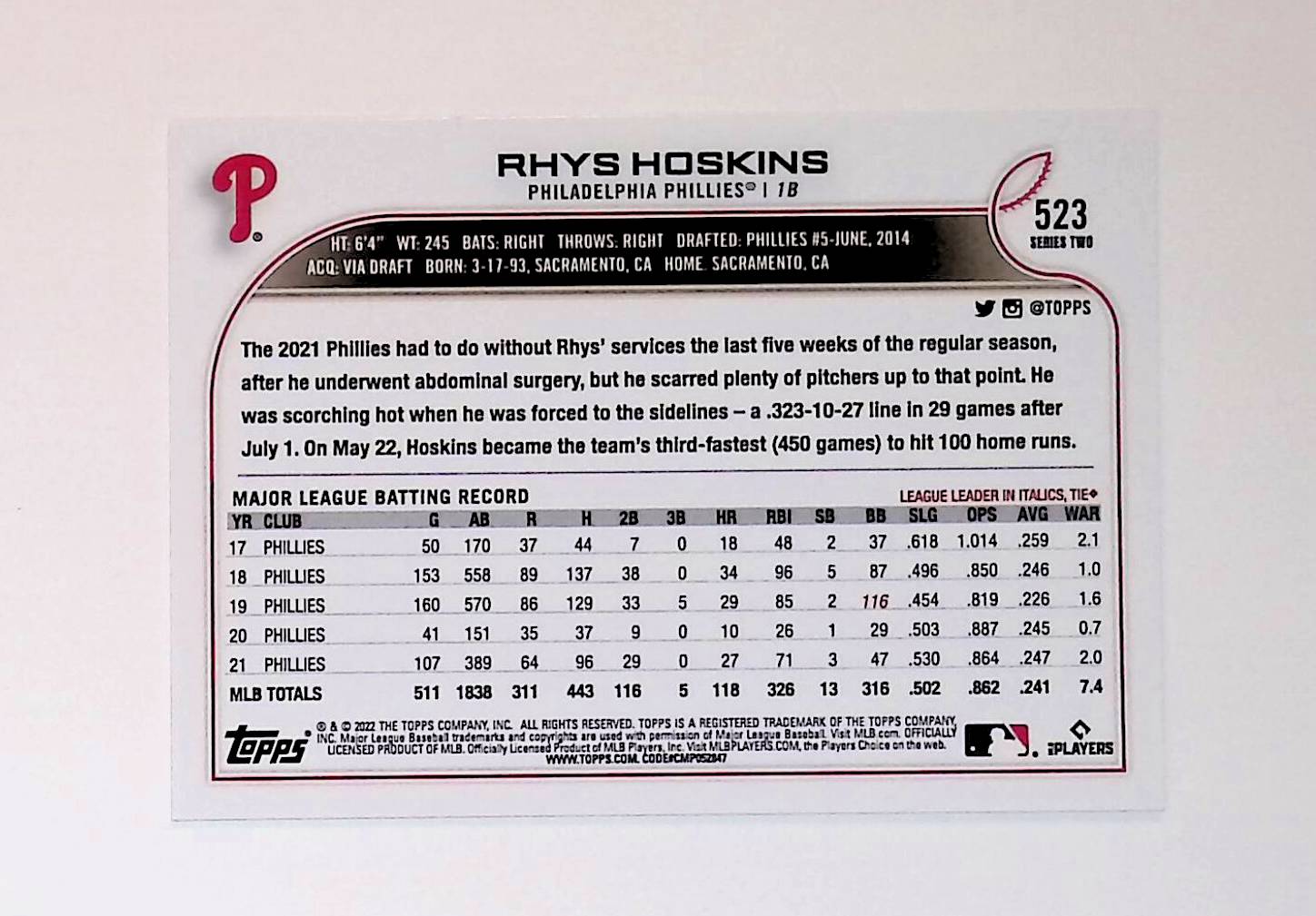 Rhys Hoskins 2022 Topps #523 - LoCo Collectables