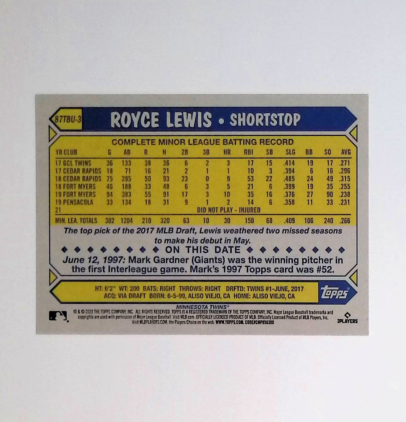 Royce Lewis 2022 Topps Update '87 Topps #87TBU-3 (Rookie Card) - LoCo Collectables