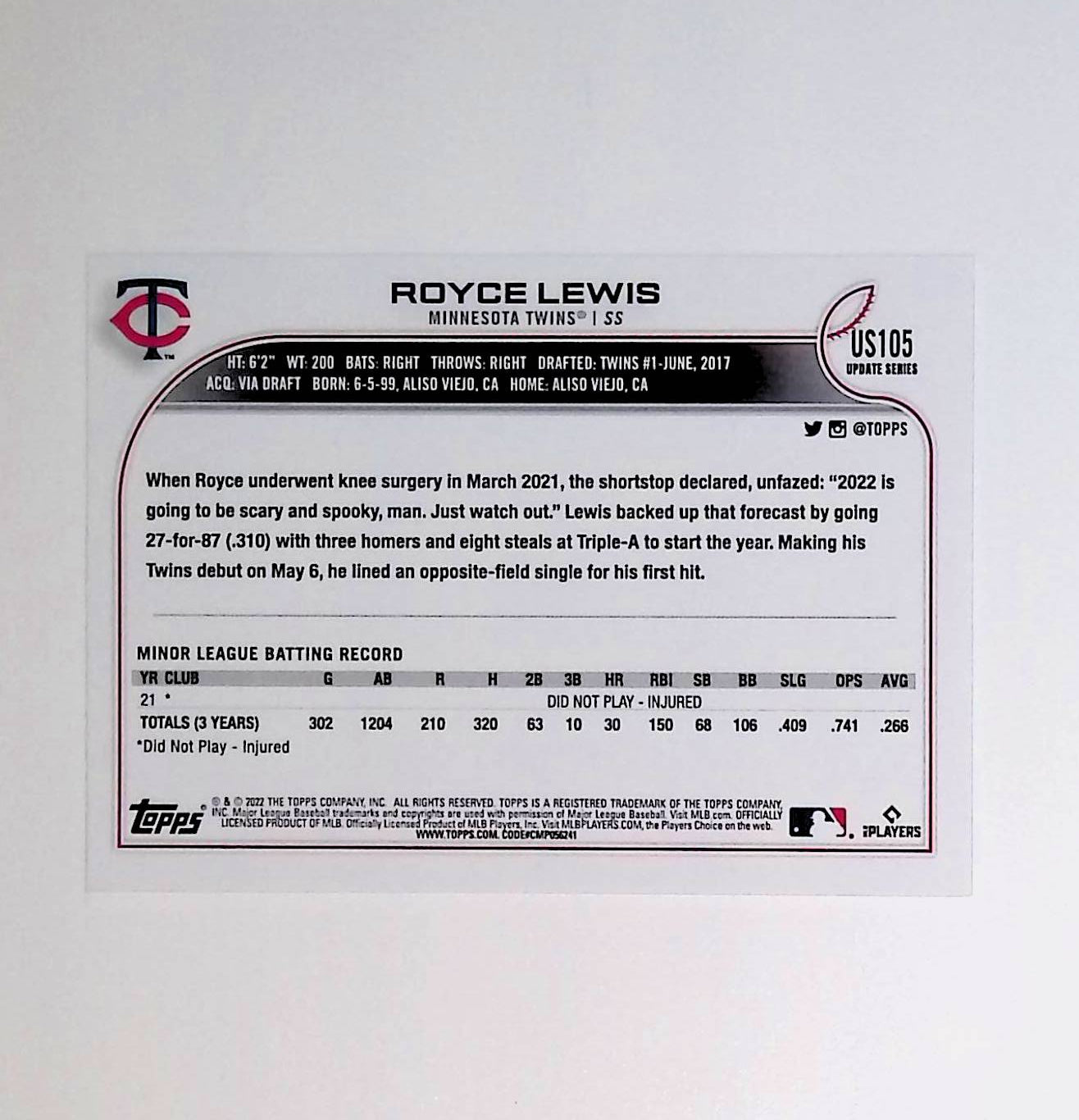 Royce Lewis 2022 Topps Update #US105 (Rookie Card) - LoCo Collectables