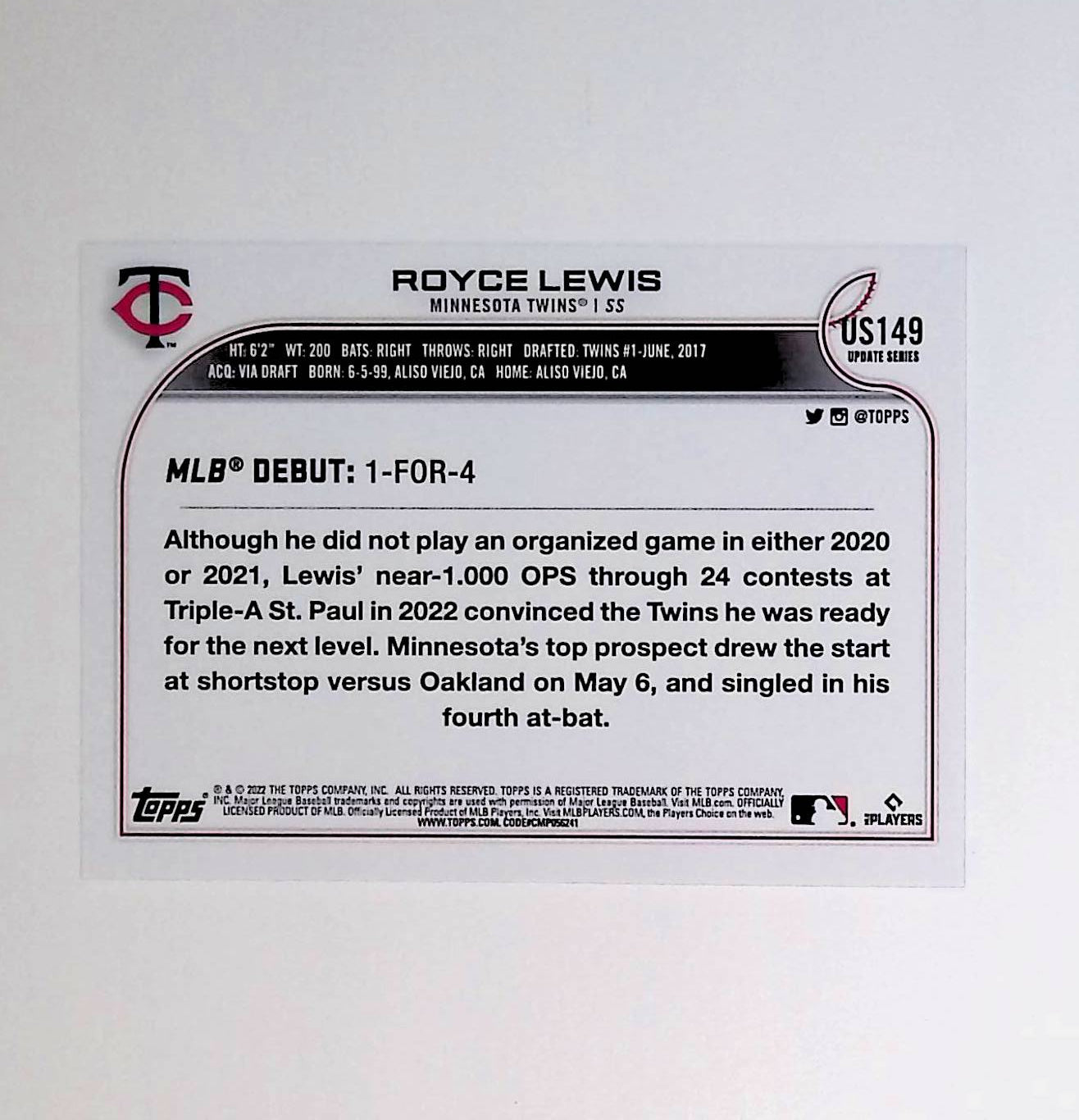 Royce Lewis 2022 Topps Update #US149 (Rookie Card) - LoCo Collectables