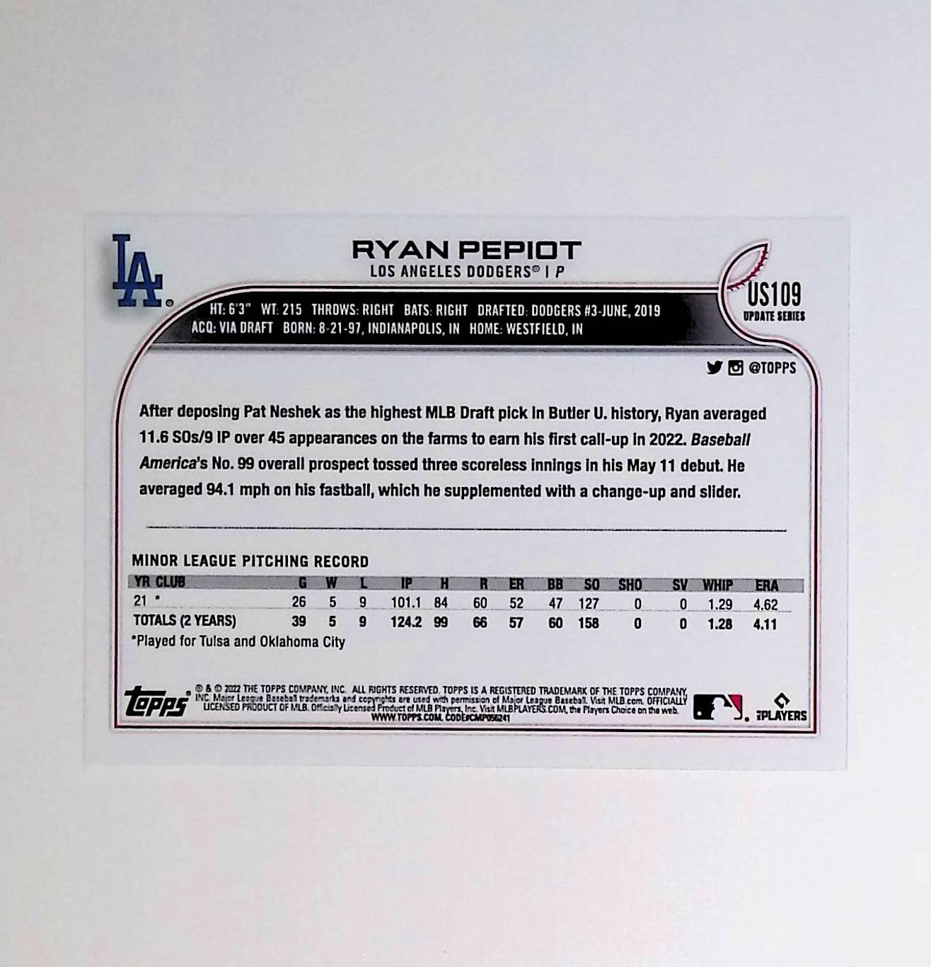 Ryan Pepiot 2022 Topps Update #US109 (Rookie Card) - LoCo Collectables