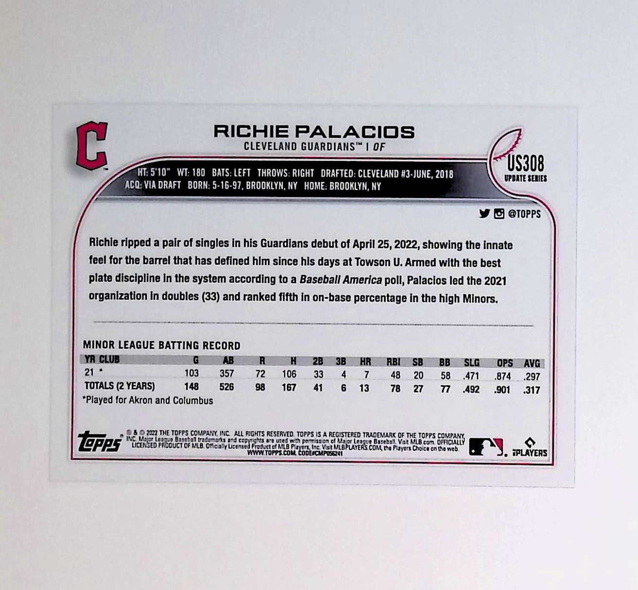 Richie Palacios 2022 Topps Update Rainbow Foil #US308 (Rookie Card) - LoCo Collectables