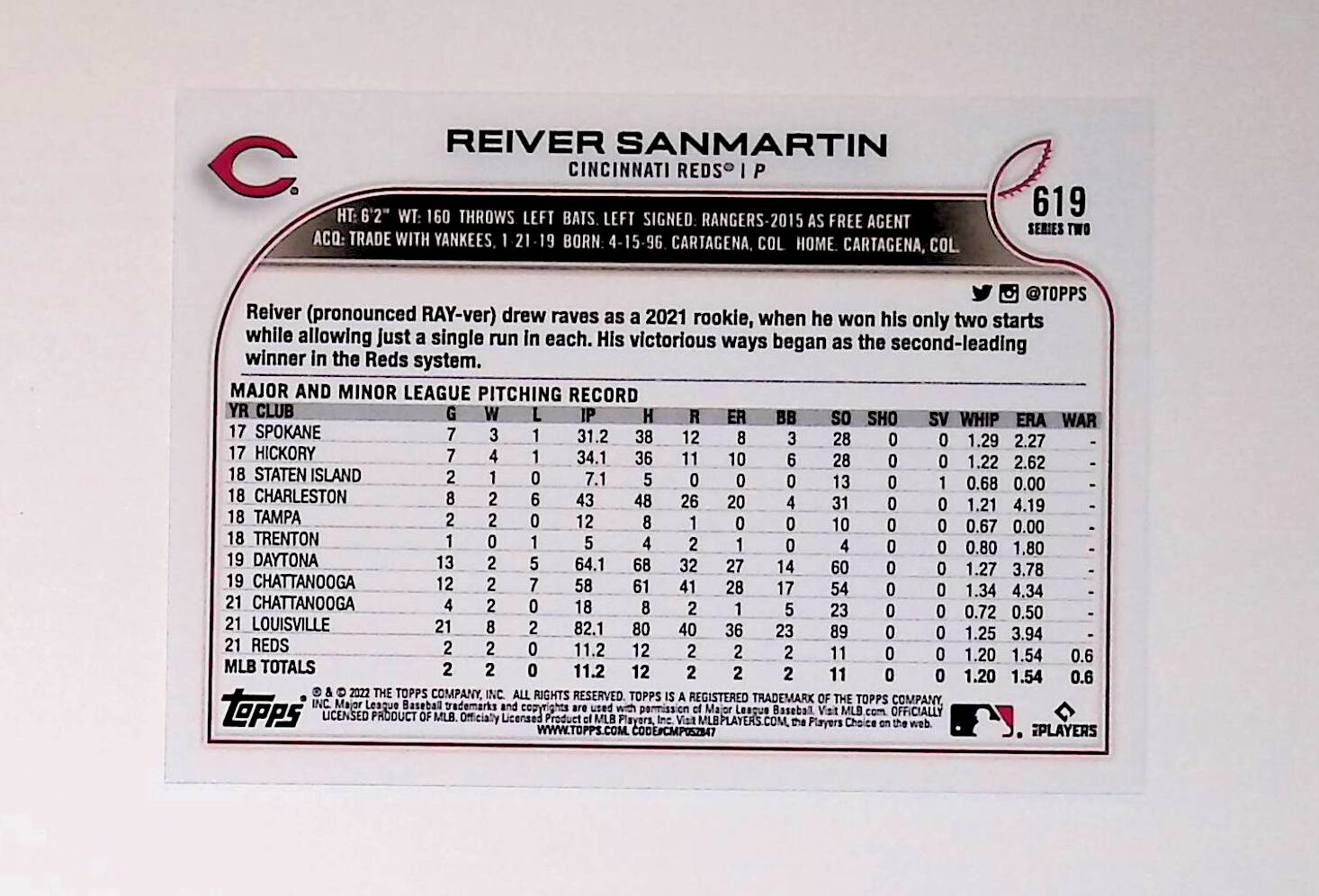 Reiver Sanmartin 2022 Topps #619 (Rookie Card) - LoCo Collectables