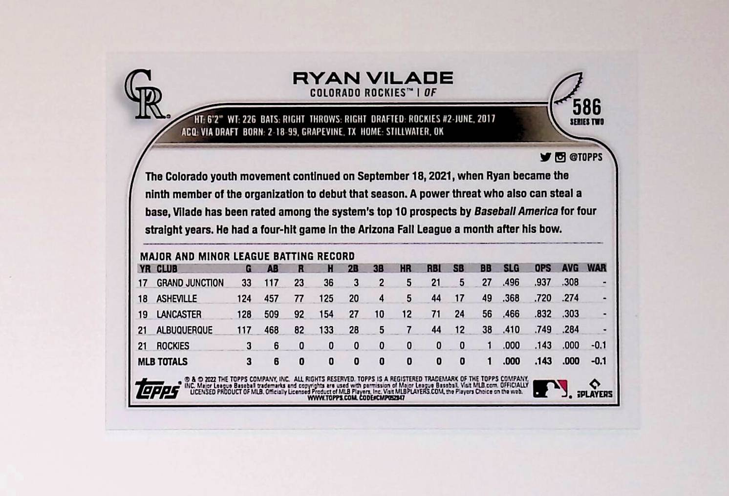 Ryan Vilade 2022 Topps #586 (Rookie Card) - LoCo Collectables