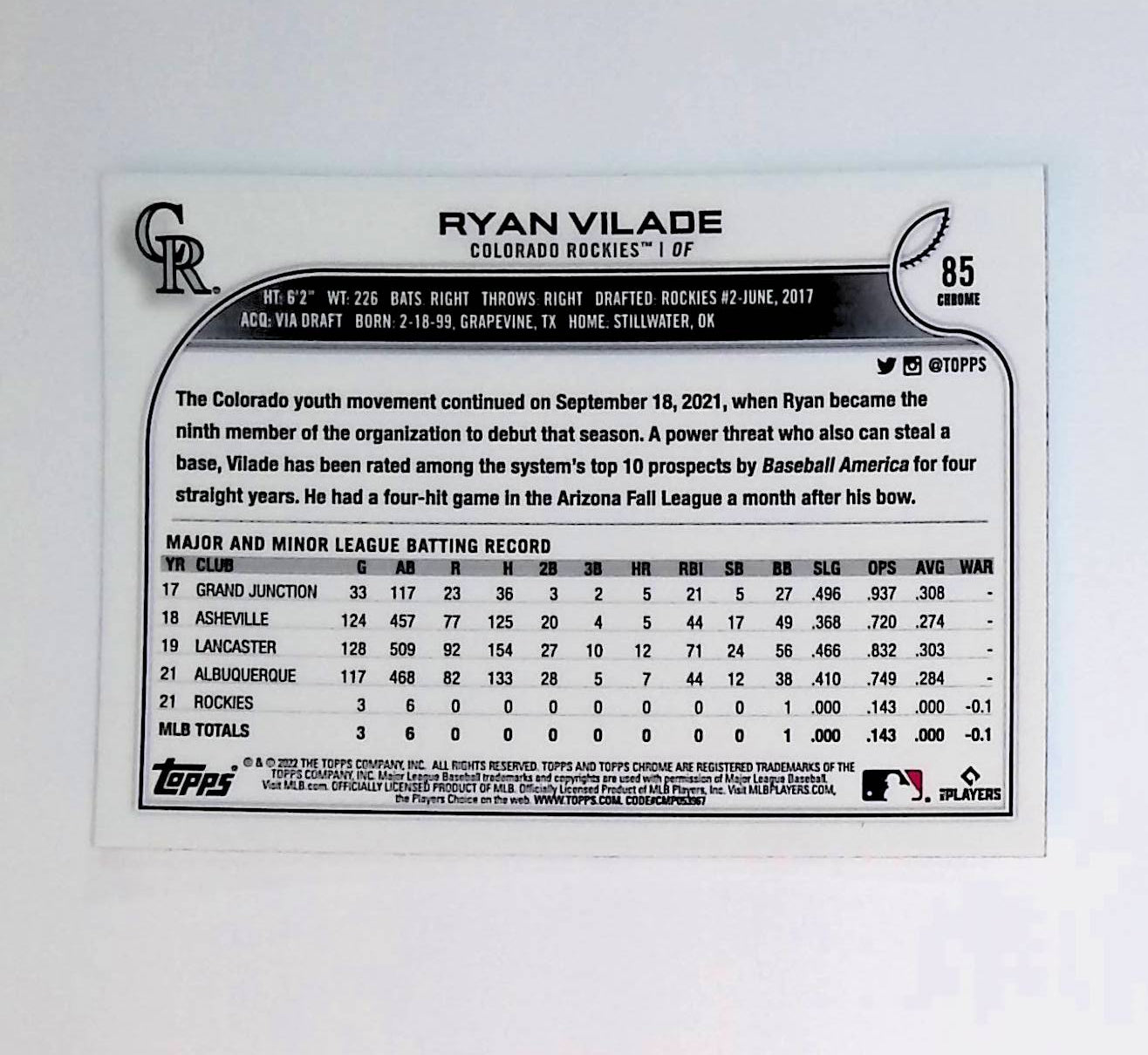 Ryan Vilade 2022 Topps Chrome #85 (Rookie Card) - LoCo Collectables