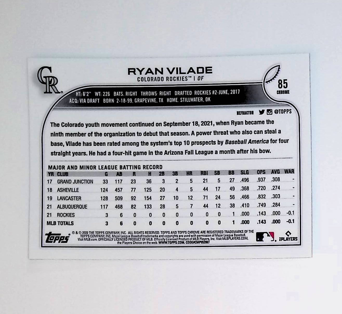 Ryan Vilade 2022 Topps Chrome Refractors #85 (Rookie Card) - LoCo Collectables