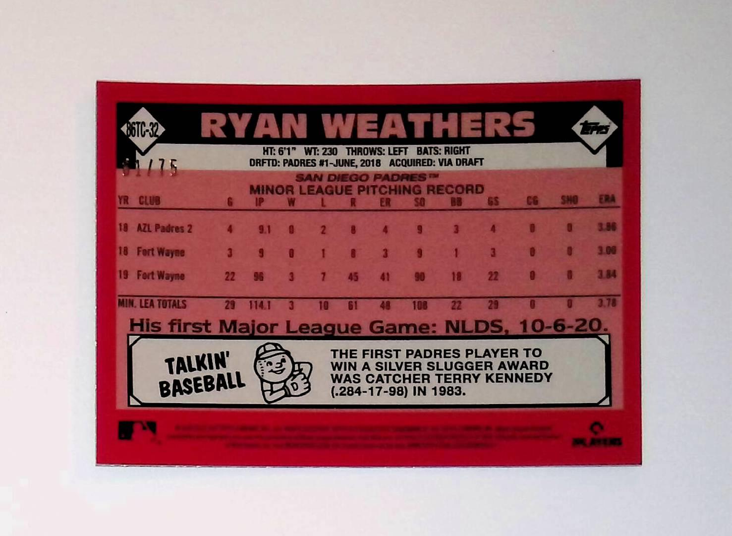 Ryan Weathers 2021 Topps '86 Topps Silver Pack Chrome Purple Refractors #86TC-32 (Rookie Card), 61 /75 - LoCo Collectables