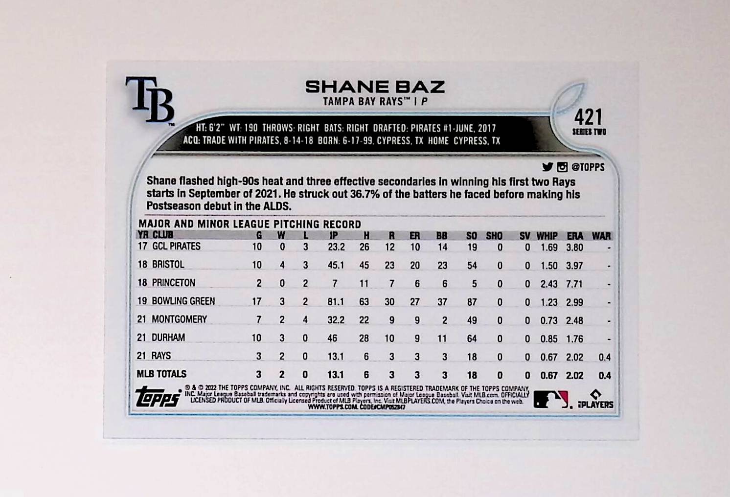 Shane Baz 2022 Topps #421 (Rookie Card) - LoCo Collectables