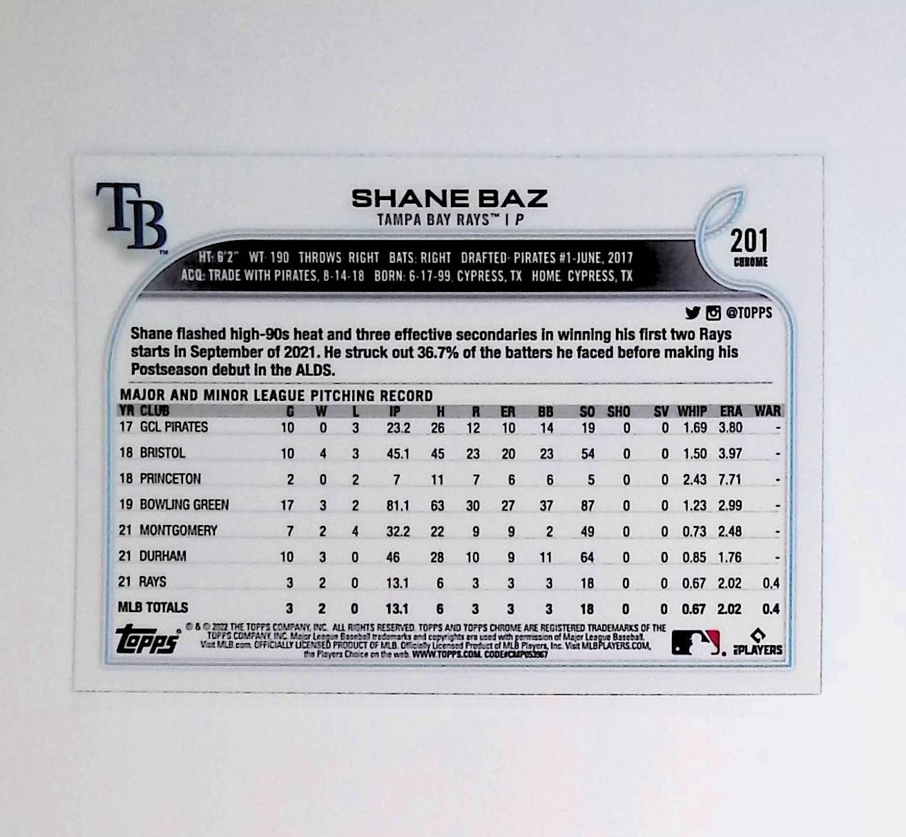 Shane Baz 2022 Topps Chrome #201 (Rookie Card) - LoCo Collectables