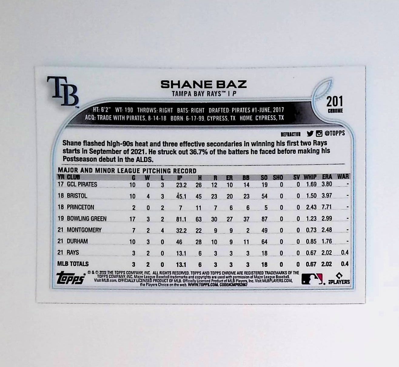 Shane Baz 2022 Topps Chrome Refractors #201 (Rookie Card) - LoCo Collectables