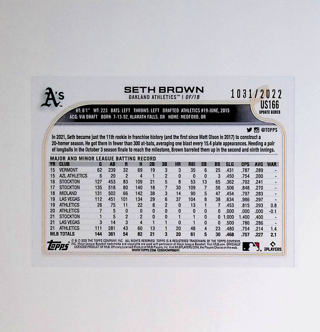 Seth Brown 2022 Topps Update Gold #US166, 1031 /2022 - LoCo Collectables