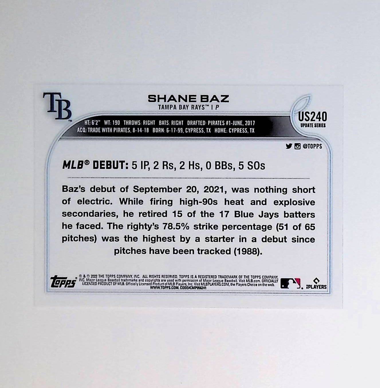 Shane Baz 2022 Topps Update #US240 (Rookie Card) - LoCo Collectables