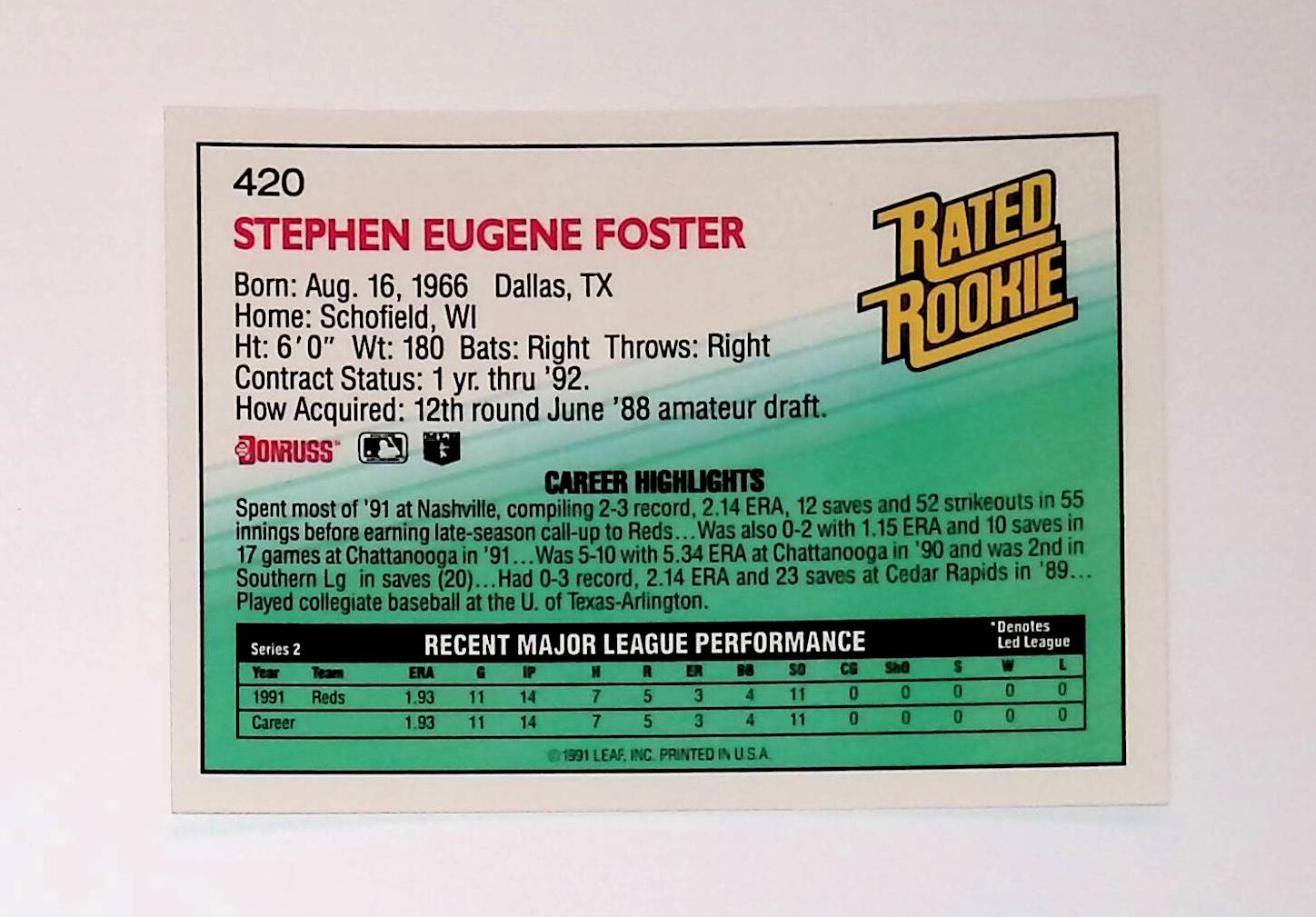 Steve Foster 1992 Donruss #420 Rated Rookie (Rookie Card) - LoCo Collectables