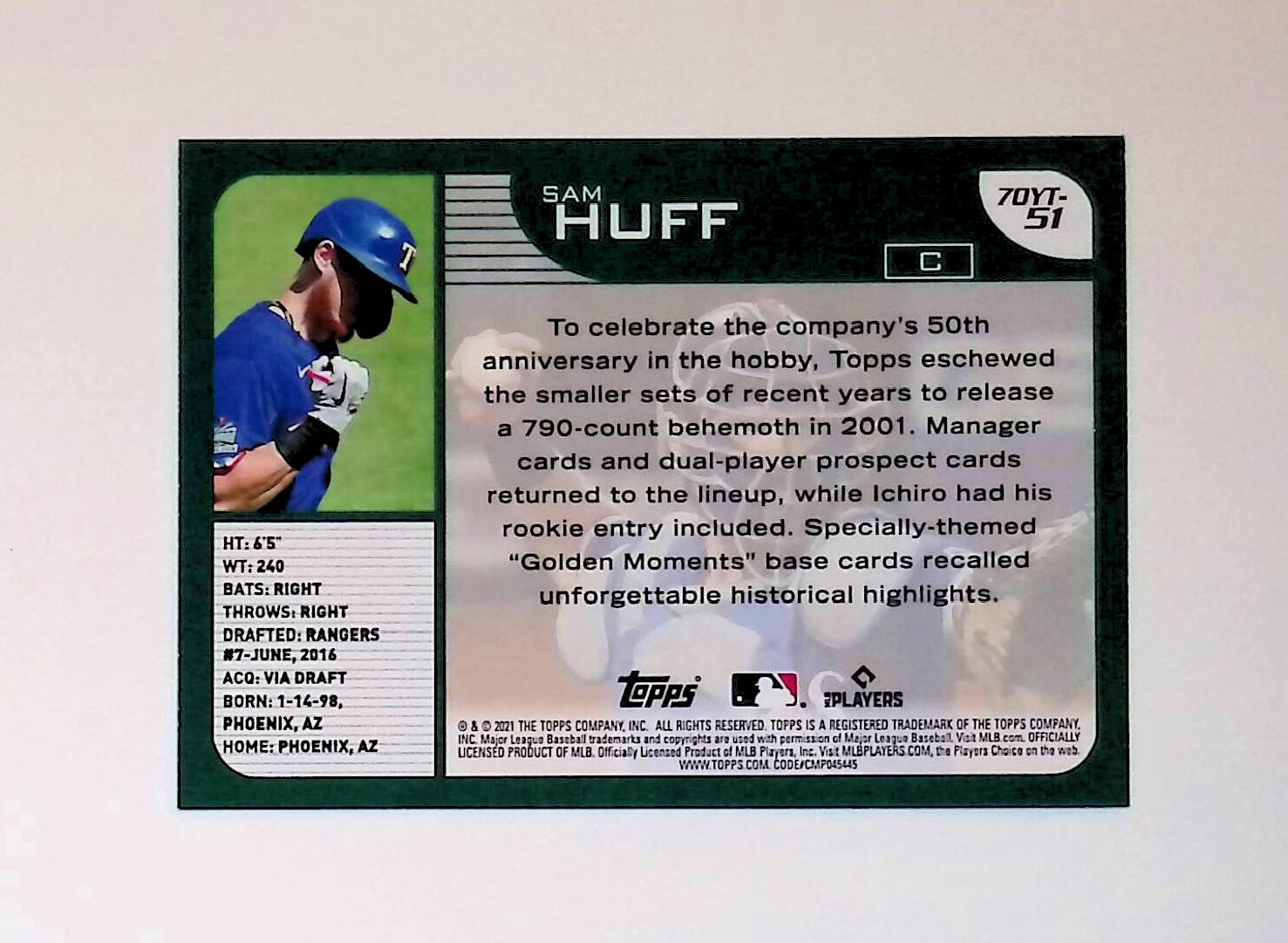 Sam Huff 2021 Topps 70 Years of Topps Baseball #70YT-51 (Rookie Card) - LoCo Collectables