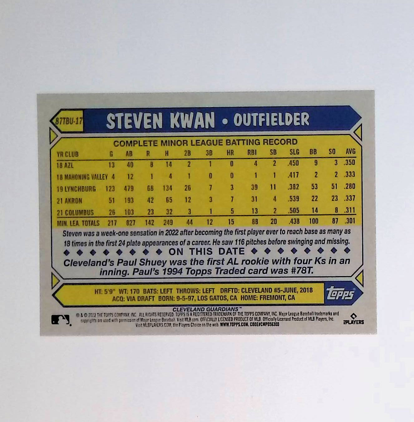 Steven Kwan 2022 Topps Update '87 Topps #87TBU-17 (Rookie Card) - LoCo Collectables