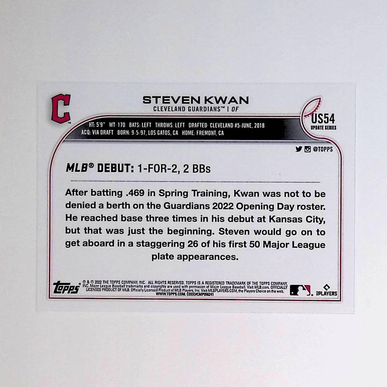 Steven Kwan 2022 Topps Update #US54 (Rookie Card) - LoCo Collectables
