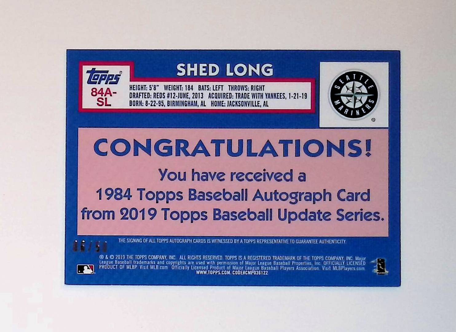 Shed Long 2019 Topps Update '84 Topps Autographs Gold #84A-SL (Rookie Card), 6 /50 - LoCo Collectables