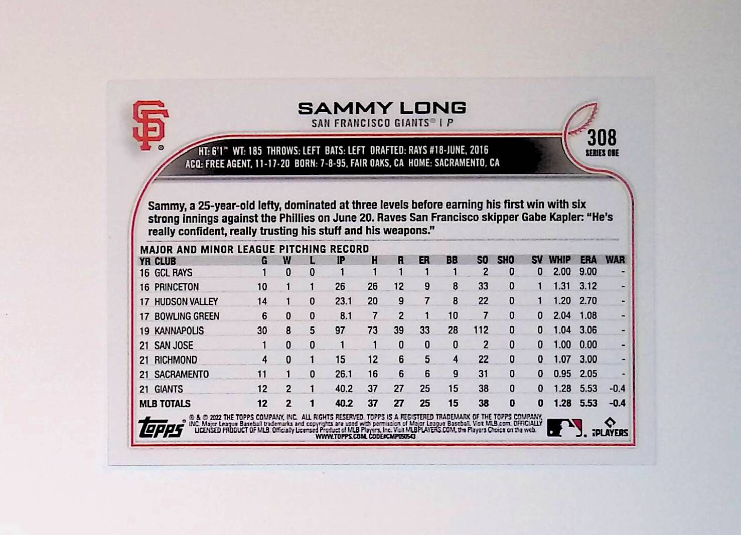 Sammy Long 2022 Topps #308 (Rookie Card) - LoCo Collectables