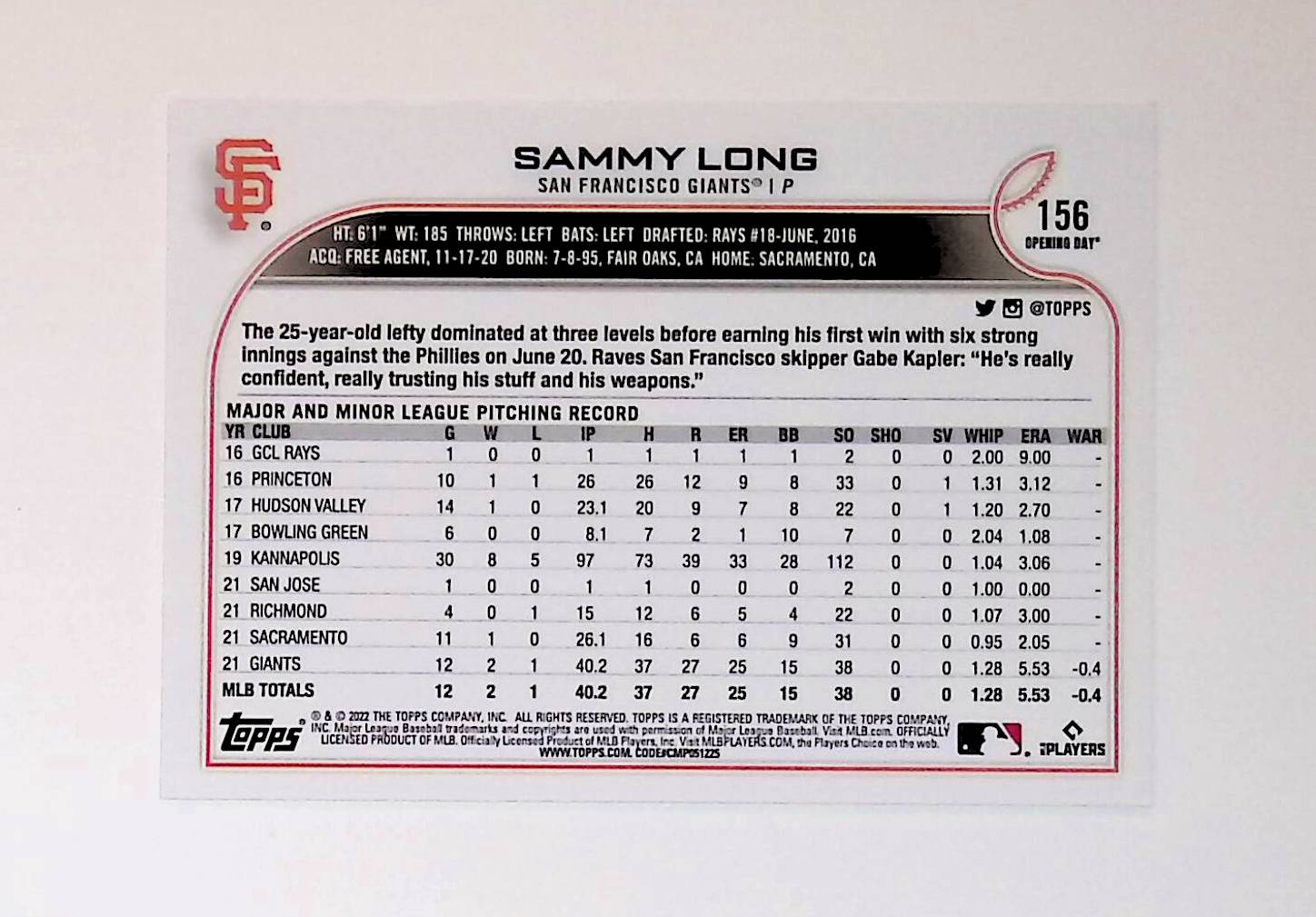 Sammy Long 2022 Topps Opening Day #156 (Rookie Card) - LoCo Collectables