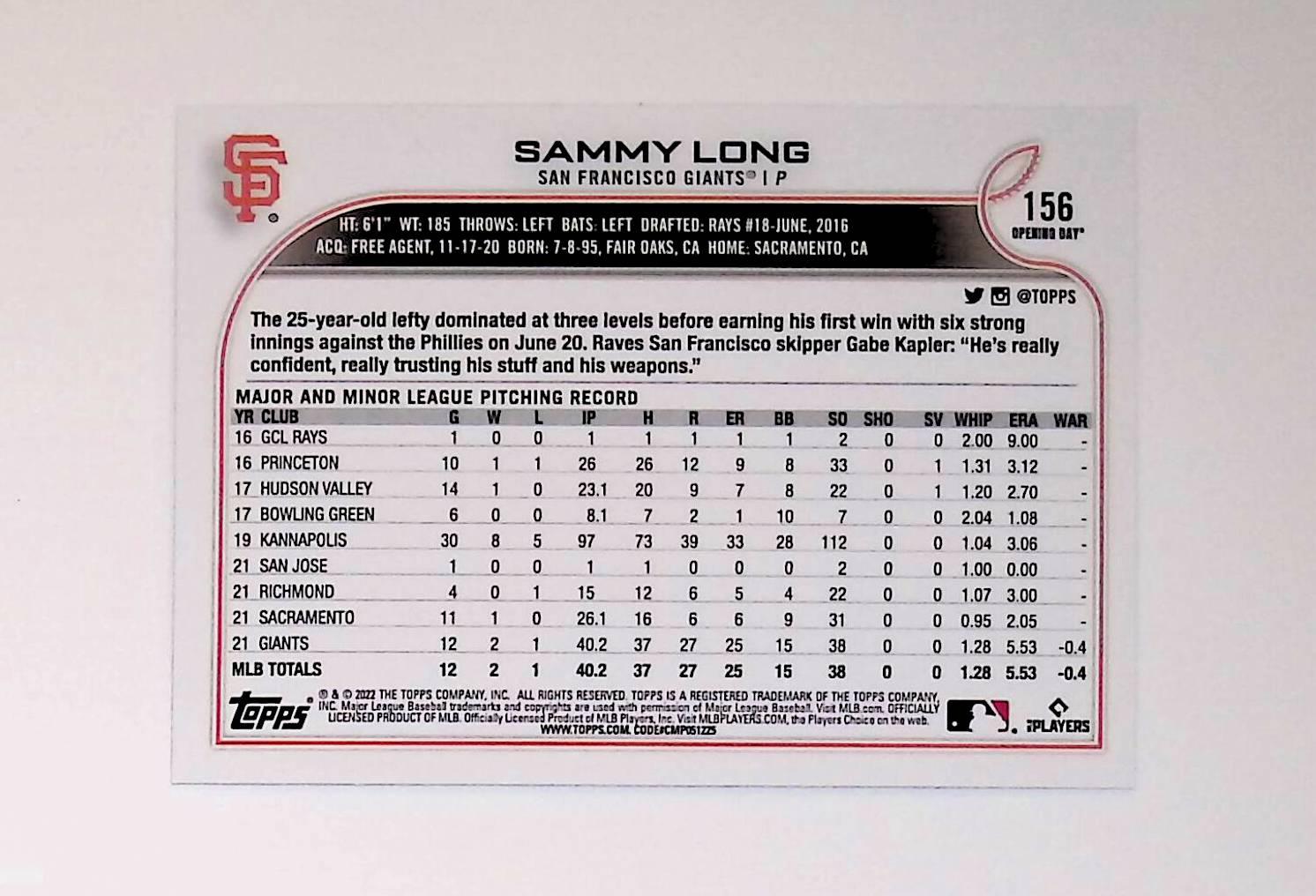 2022 Topps Opening Day #156 Sammy Long Rookie Blue Foil - LoCo Collectables