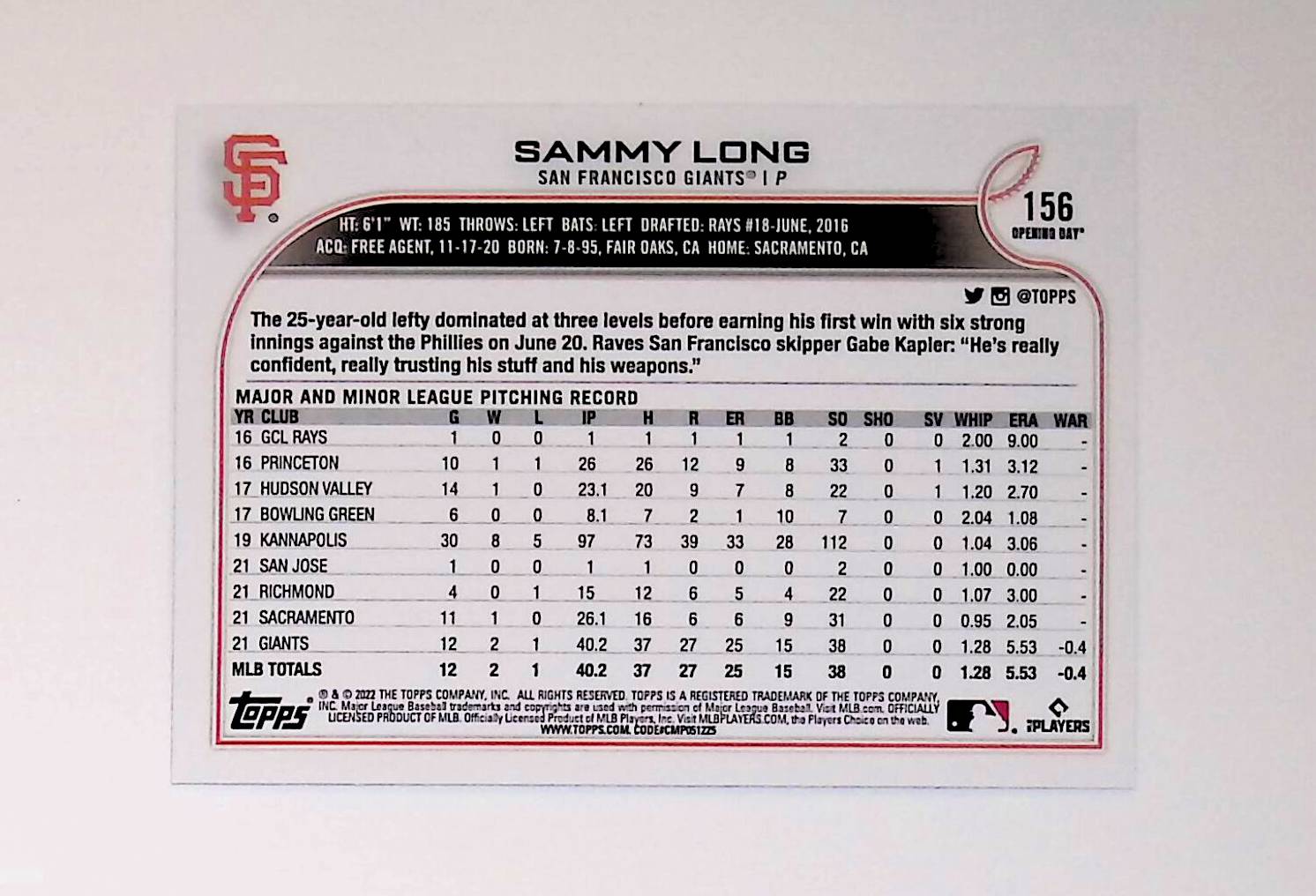 Sammy Long 2022 Topps Opening Day Blue Foil #156 (Rookie Card) - LoCo Collectables