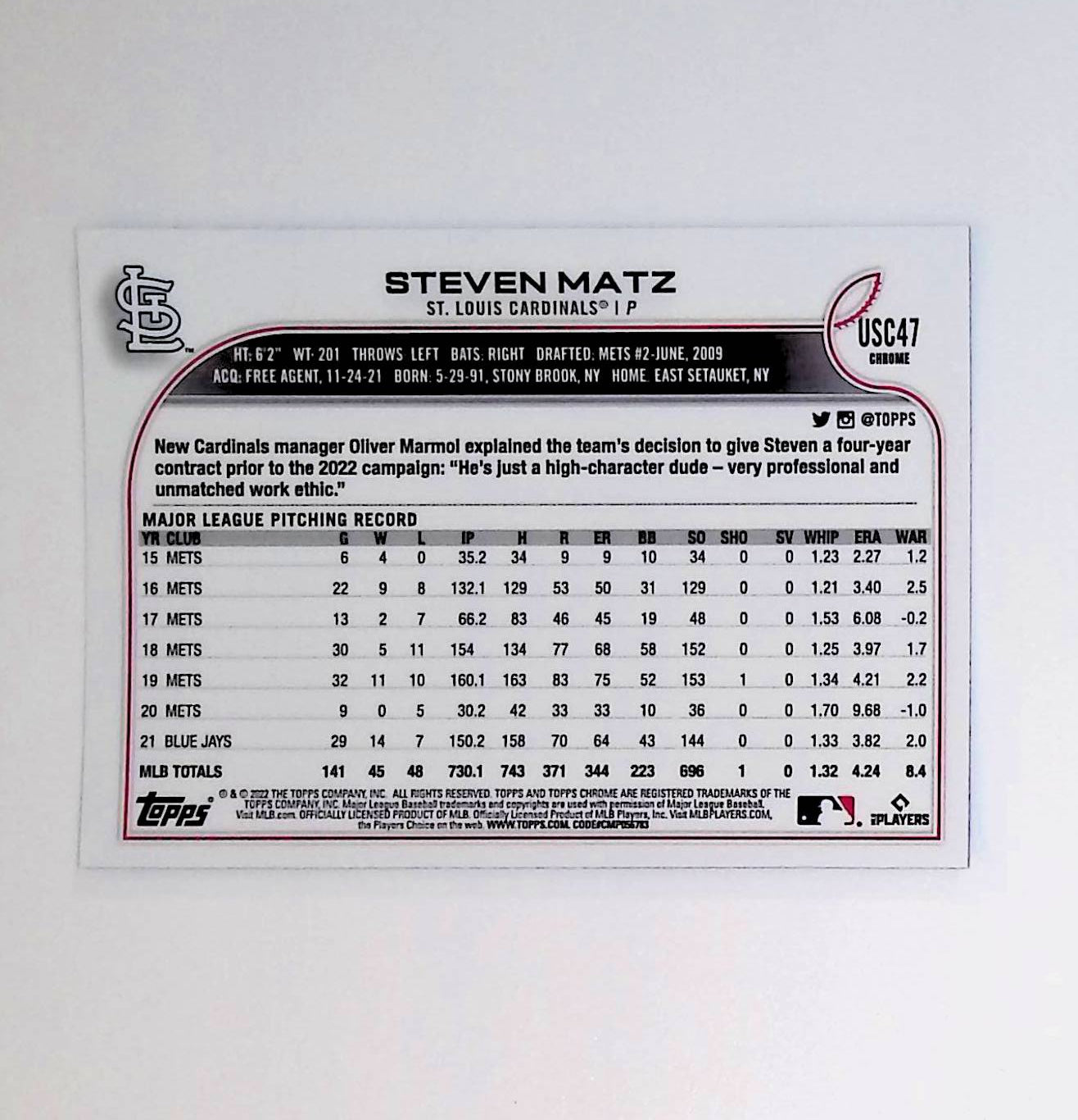 Steven Matz 2022 Topps Chrome Update Purple Refractors #USC47 - LoCo Collectables