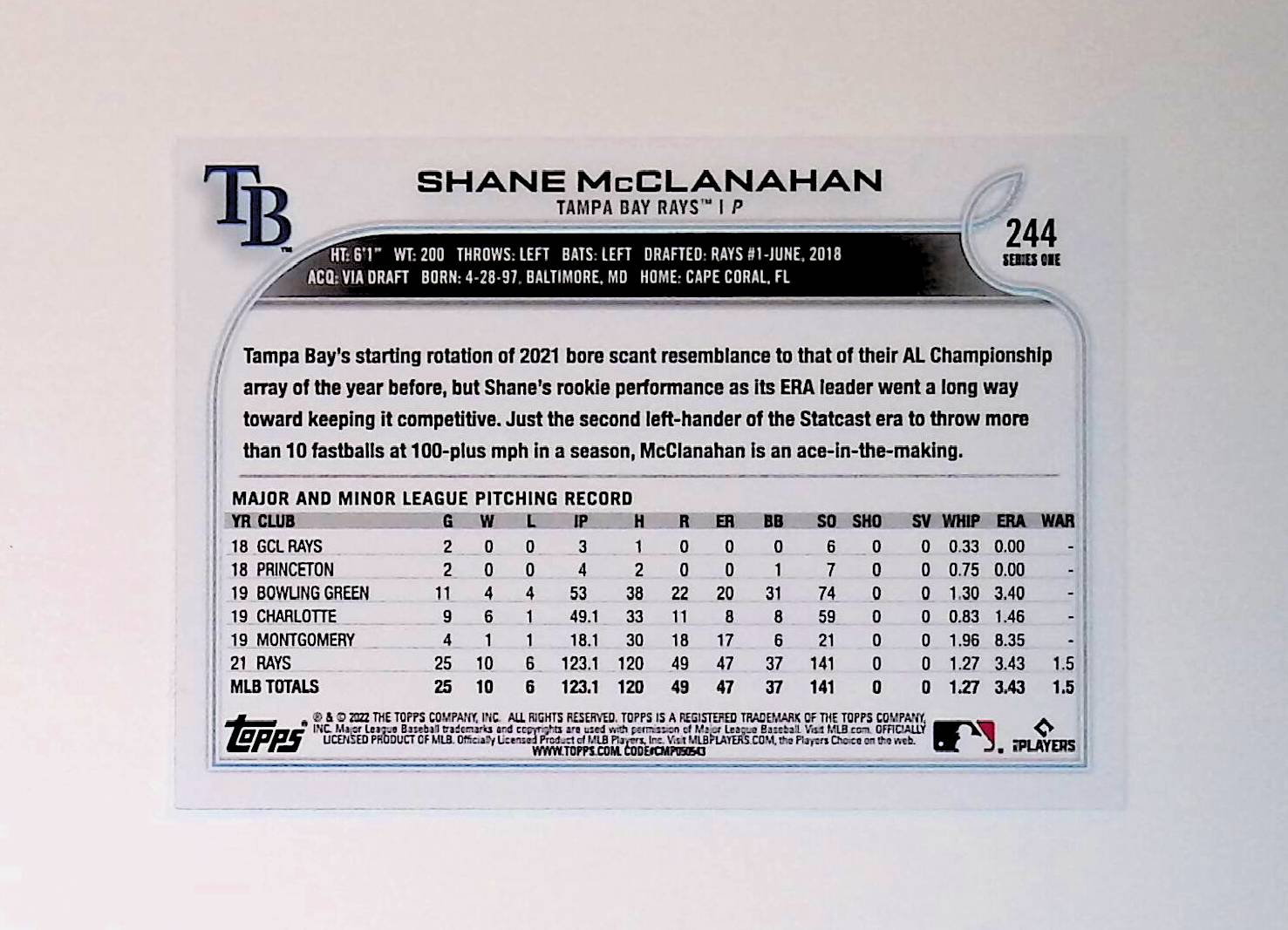  2022 Topps #244 Shane McClanahan Rays Card With