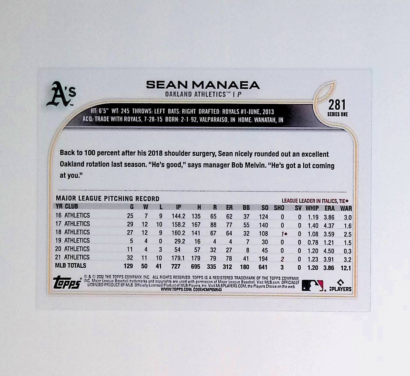 Sean Manaea 2022 Topps Rainbow Foil #281 - LoCo Collectables