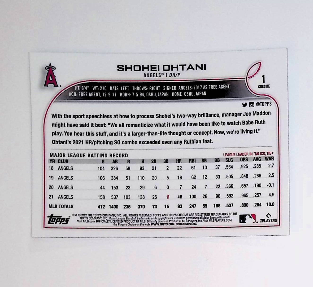 Shohei Ohtani 2022 Topps Chrome #1 - LoCo Collectables