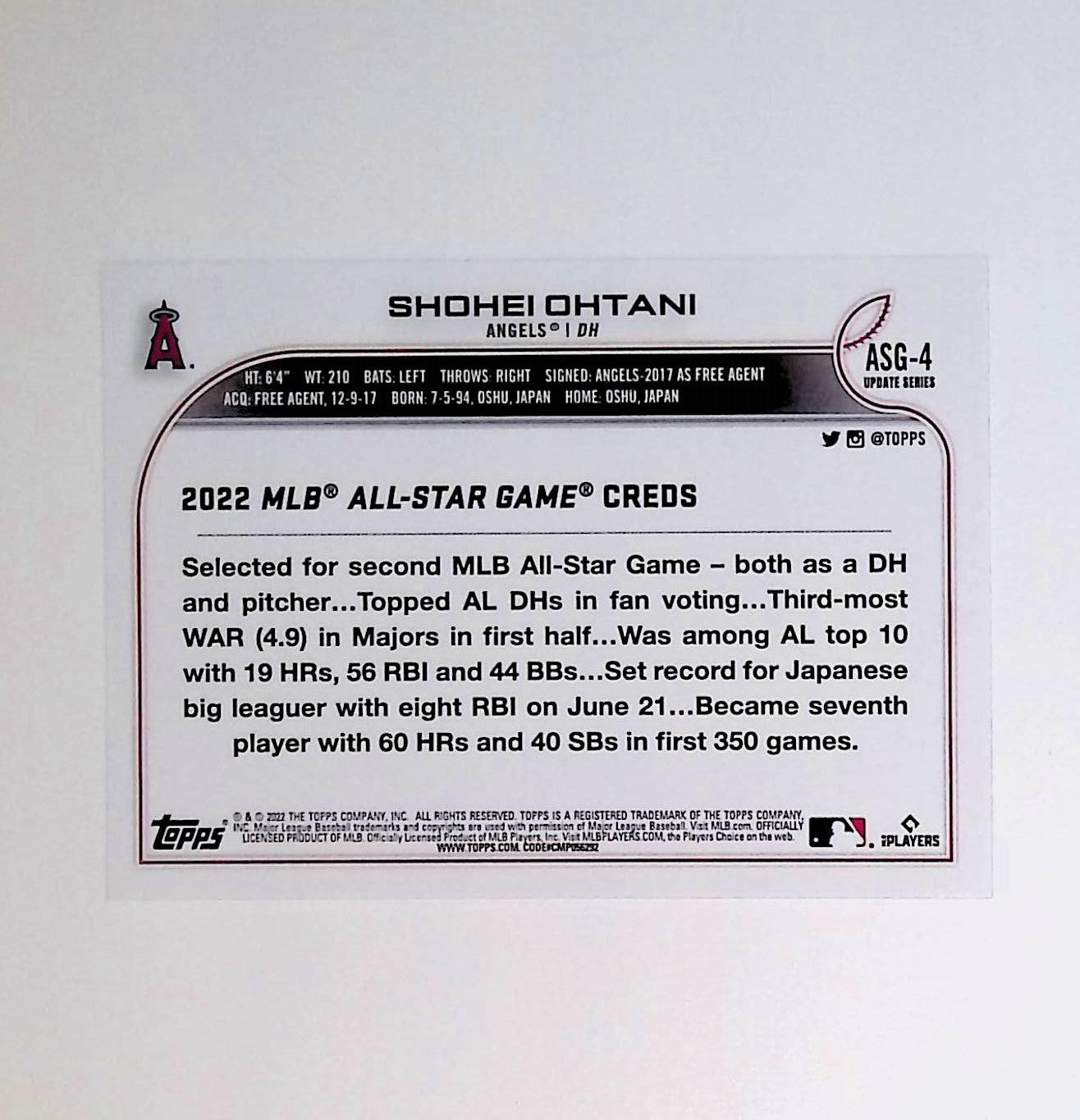 Shohei Ohtani 2022 Topps Update '22 All Star Game #ASG-4 - LoCo Collectables