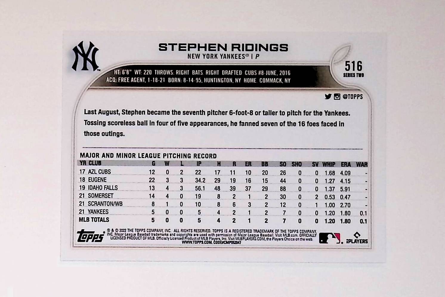 Stephen Ridings 2022 Topps #516 (Rookie Card) - LoCo Collectables