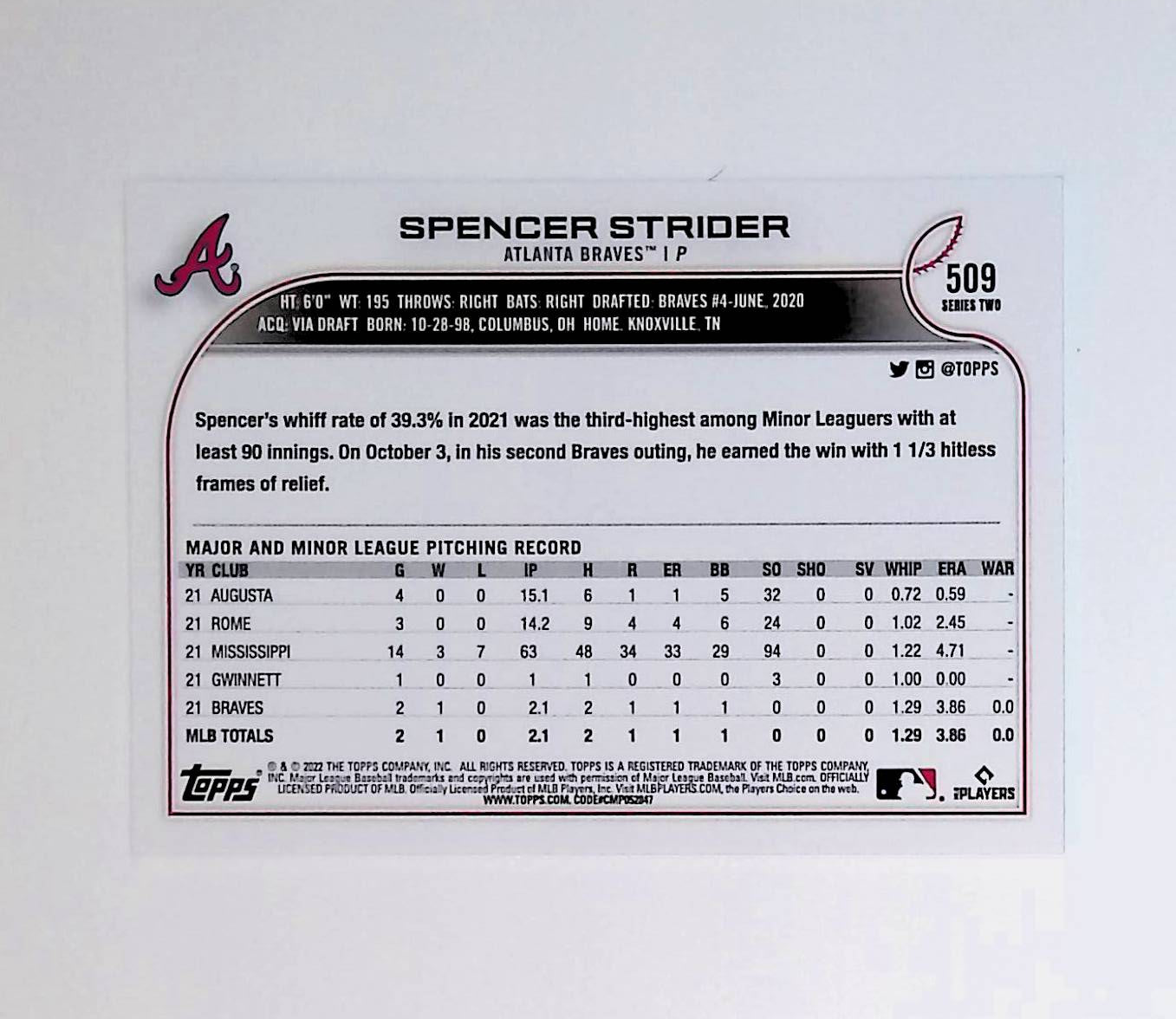 Spencer Strider 2022 Topps #509 (Rookie Card) - LoCo Collectables