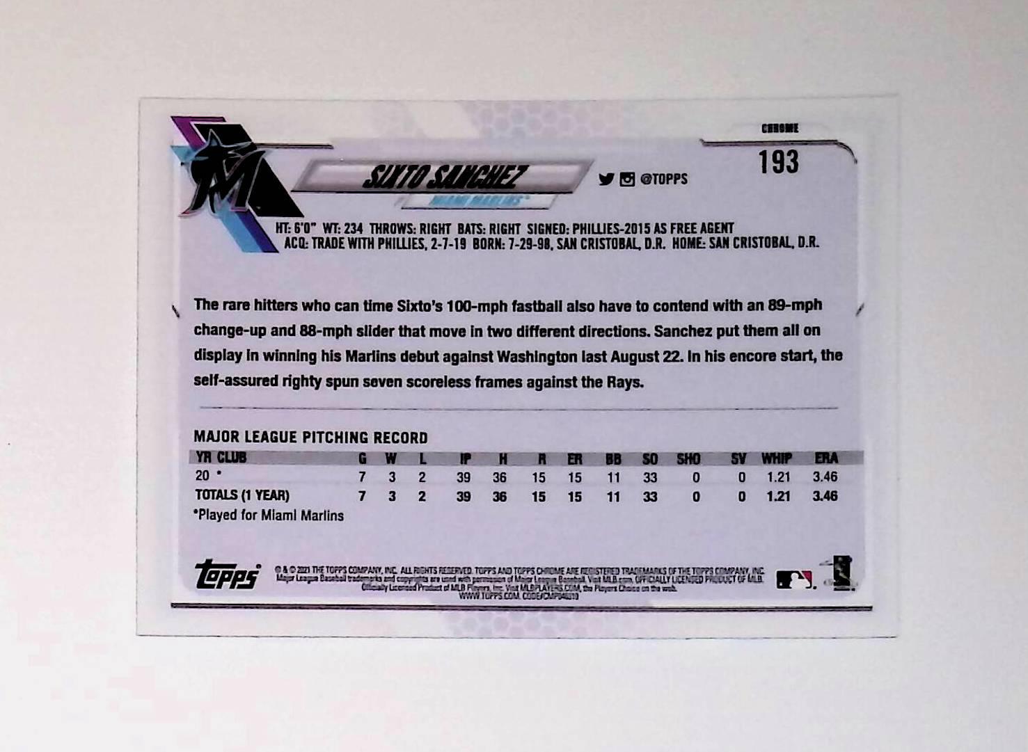 2021 Topps Chrome #193 Sixto Sanchez Rookie - LoCo Collectables