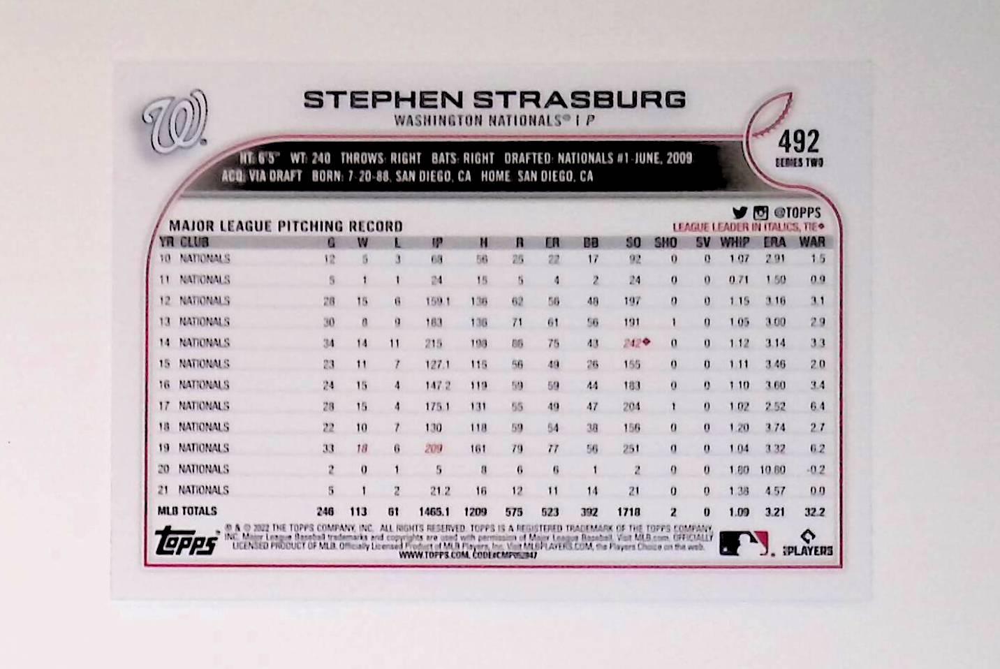 2022 Topps #492 Stephen Strasburg Photo Variation Short Print - LoCo Collectables