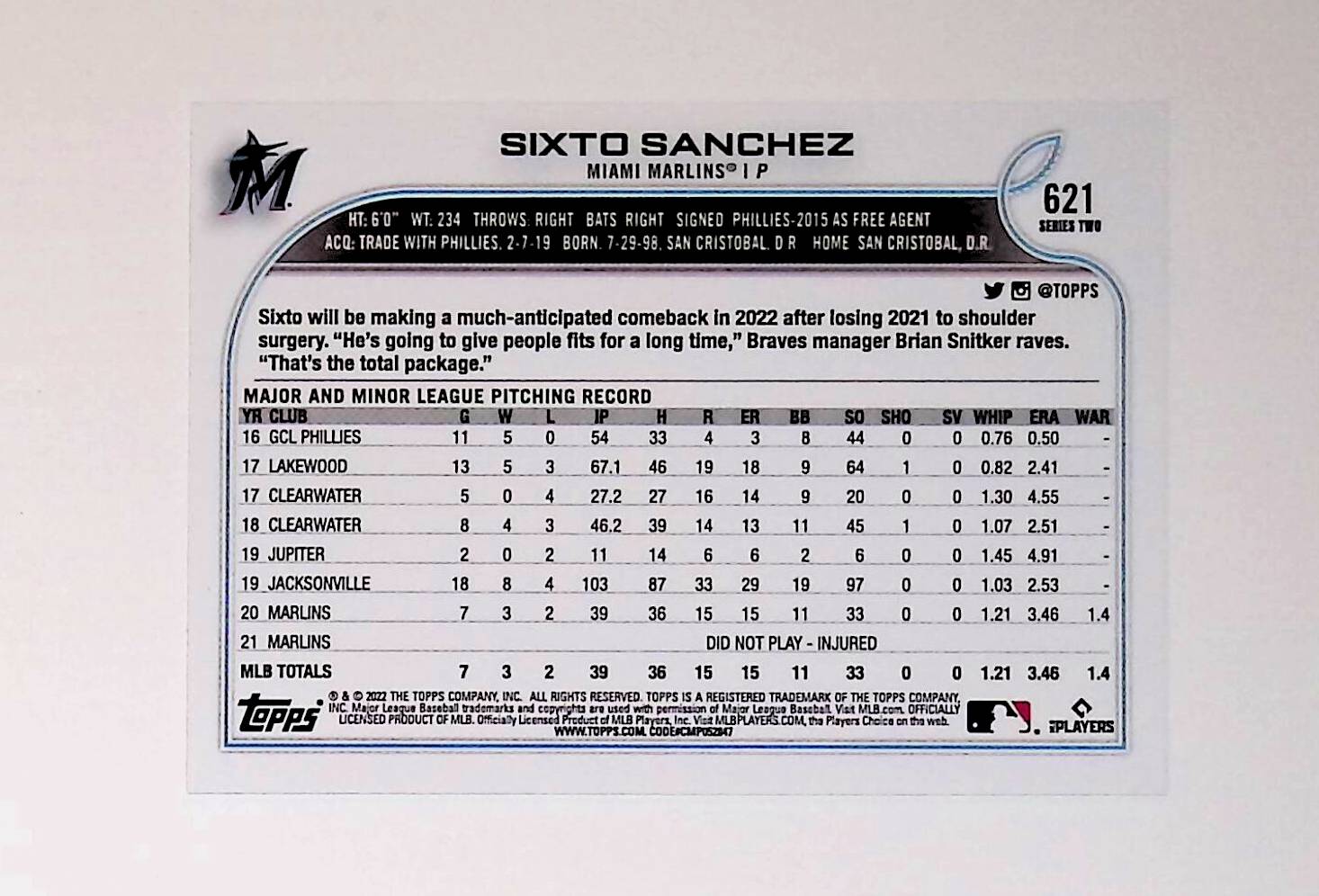 Sixto Sanchez 2022 Topps #621 (Future Stars) - LoCo Collectables