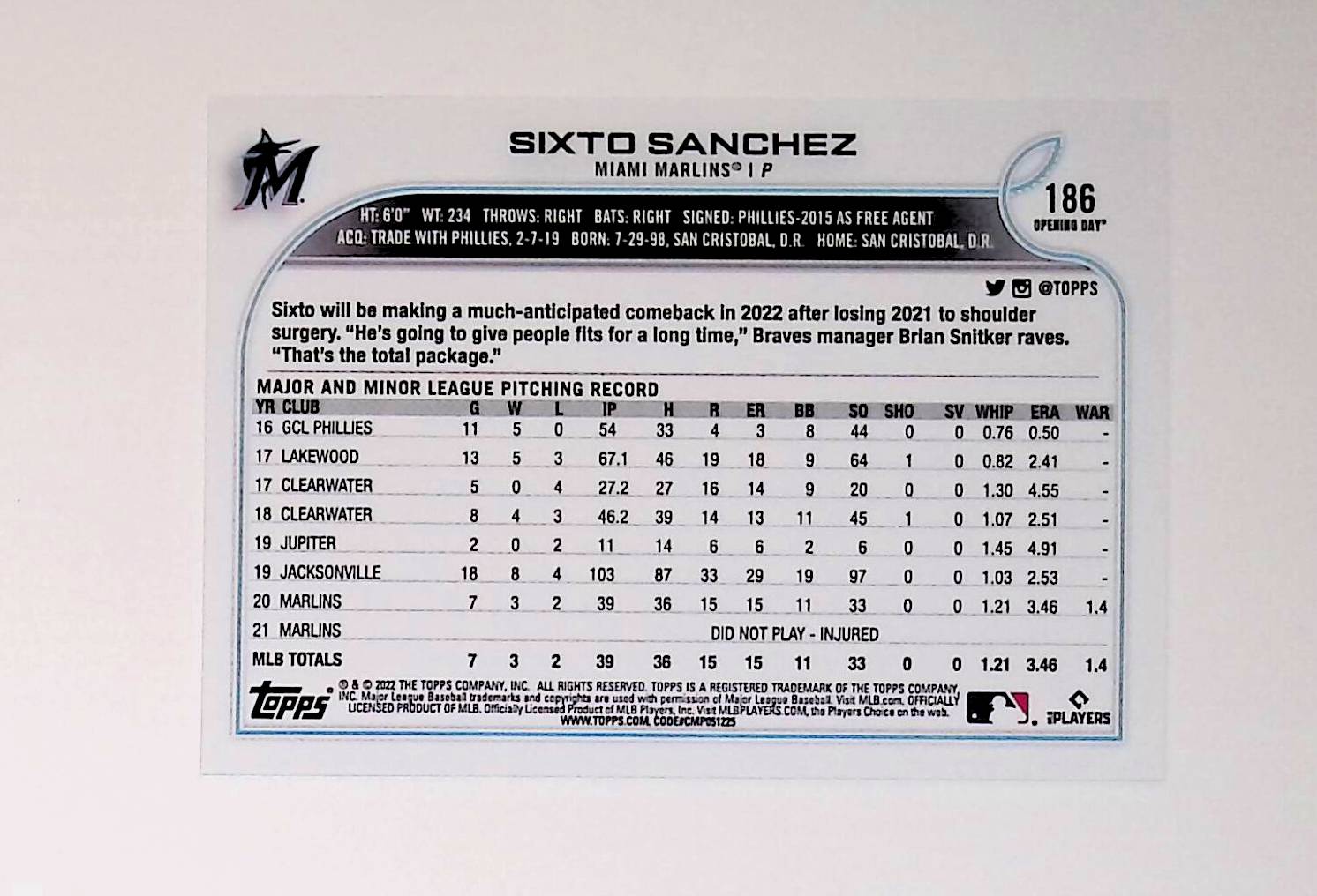 Sixto Sanchez 2022 Topps Opening Day #186 (Future Stars) - LoCo Collectables