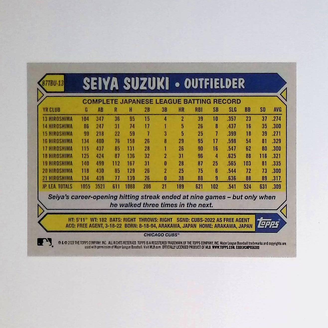 2022 Topps Update 1987 Topps Baseball #87TBU-13 Seiya Suzuki Rookie - LoCo Collectables