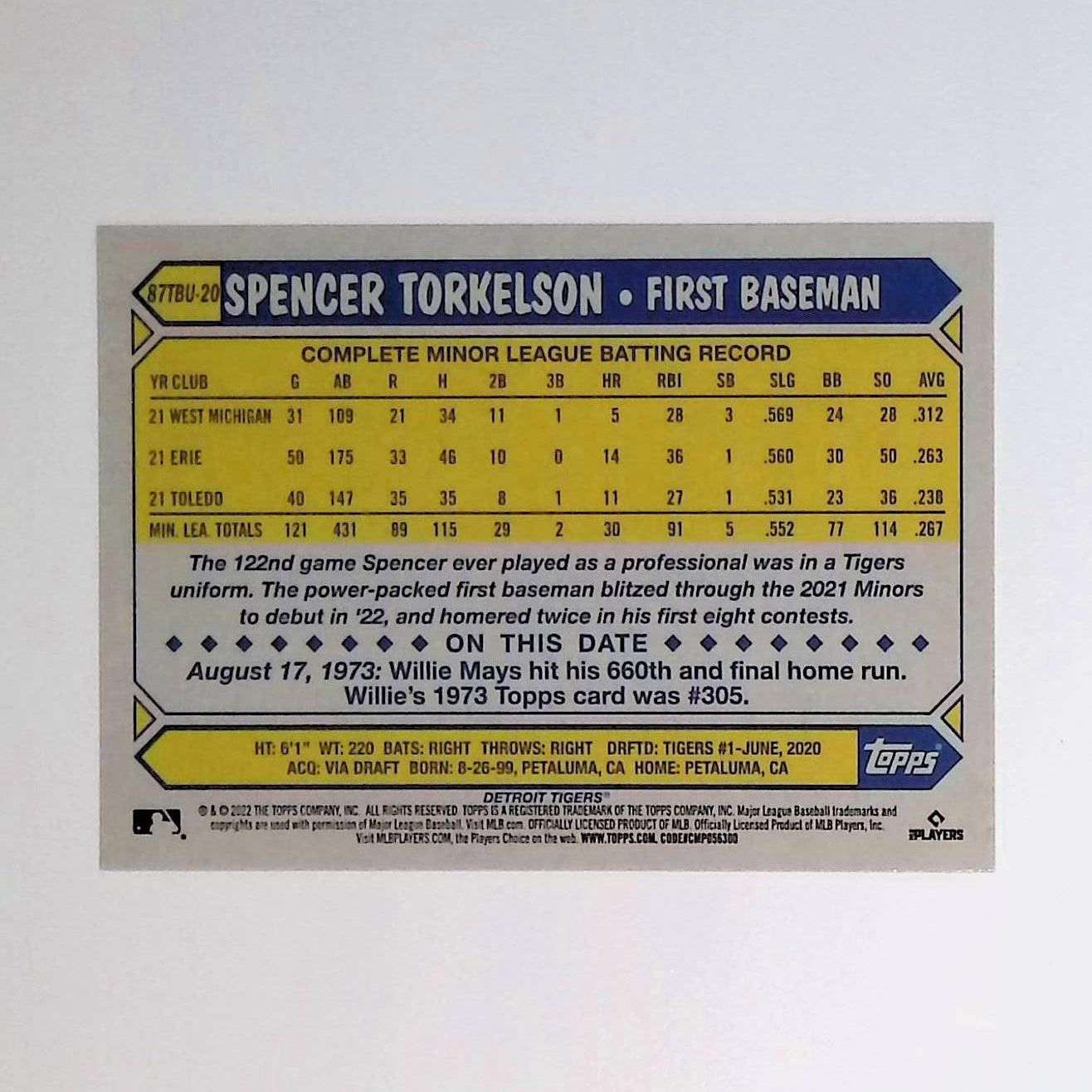 Spencer Torkelson 2022 Topps Update '87 Topps #87TBU-20 (Rookie Card) - LoCo Collectables