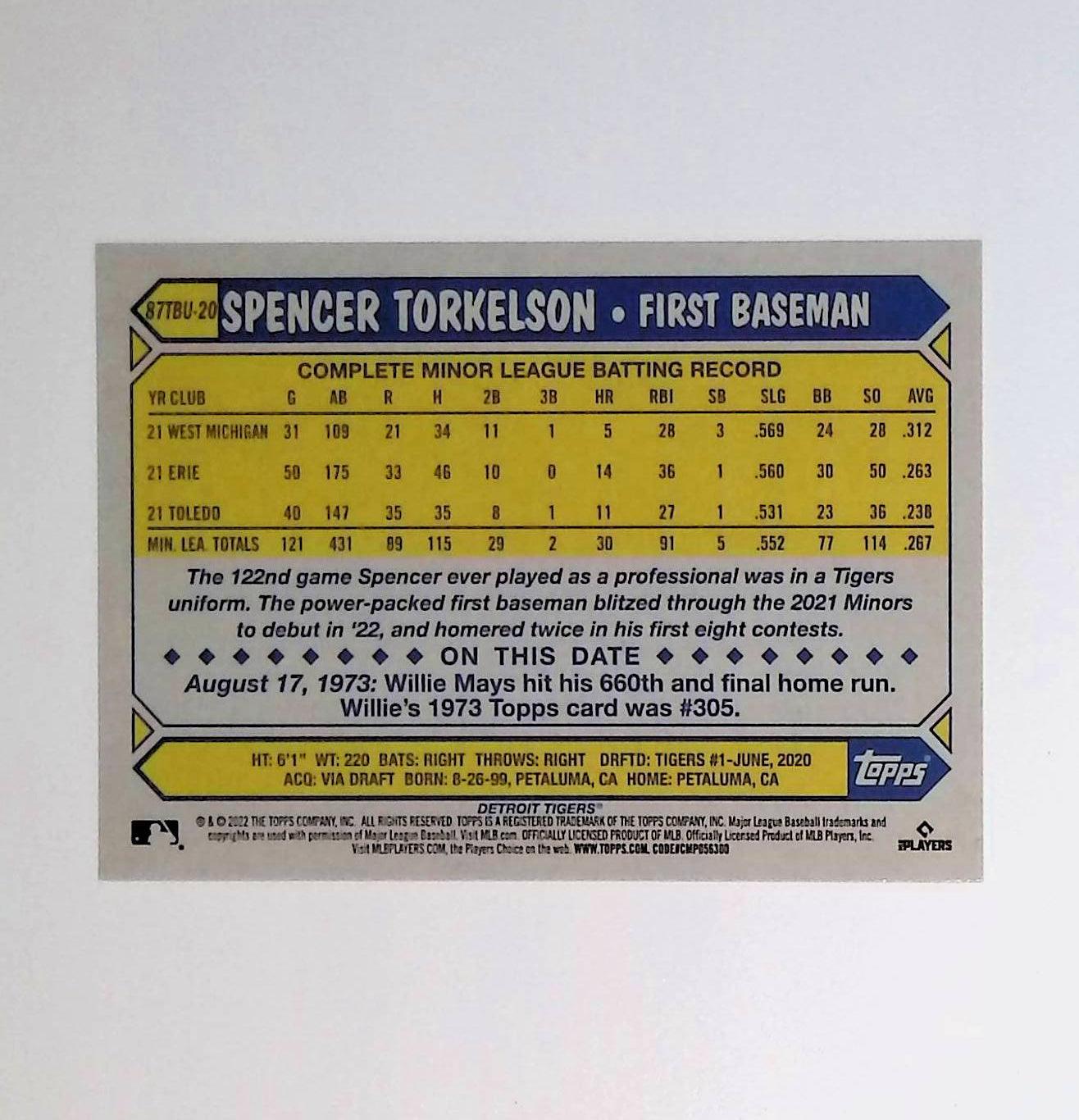 Spencer Torkelson 2022 Topps Update '87 Topps #87TBU-20 (Rookie Card) - LoCo Collectables