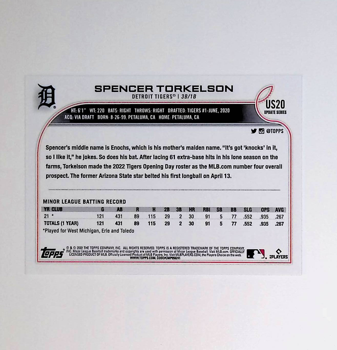 Spencer Torkelson 2022 Topps Update #US20 (Rookie Card) - LoCo Collectables