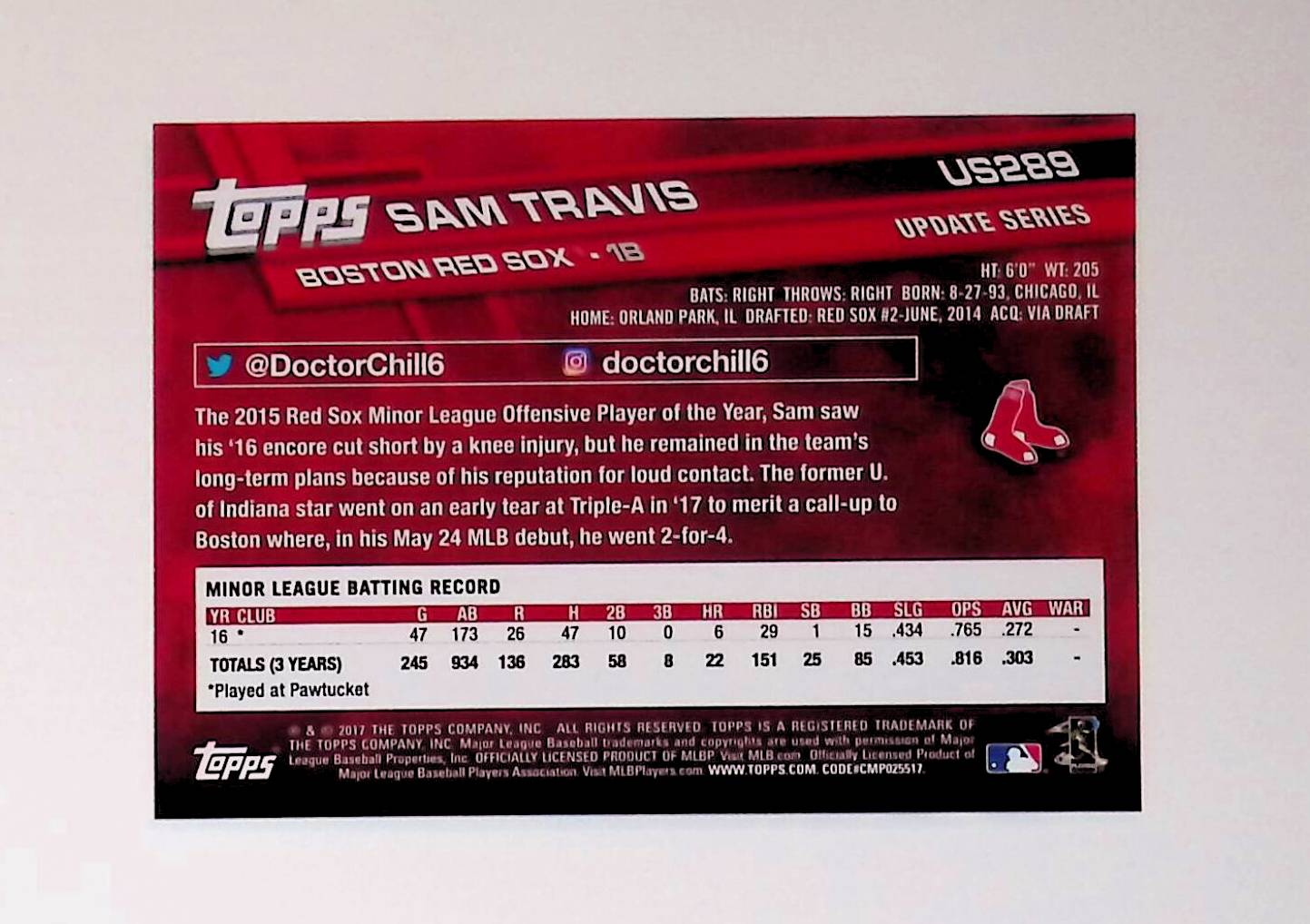 Sam Travis 2017 Topps Update #US289 (Rookie Card) - LoCo Collectables