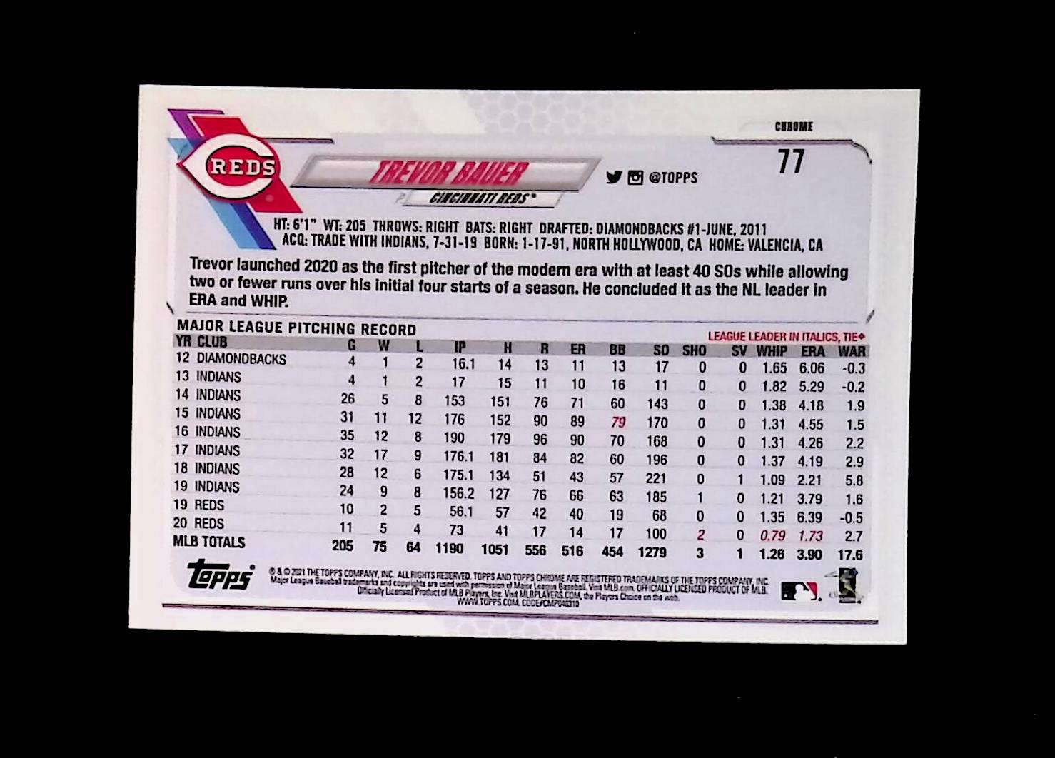 Trevor Bauer 2021 Topps Chrome #77 - LoCo Collectables