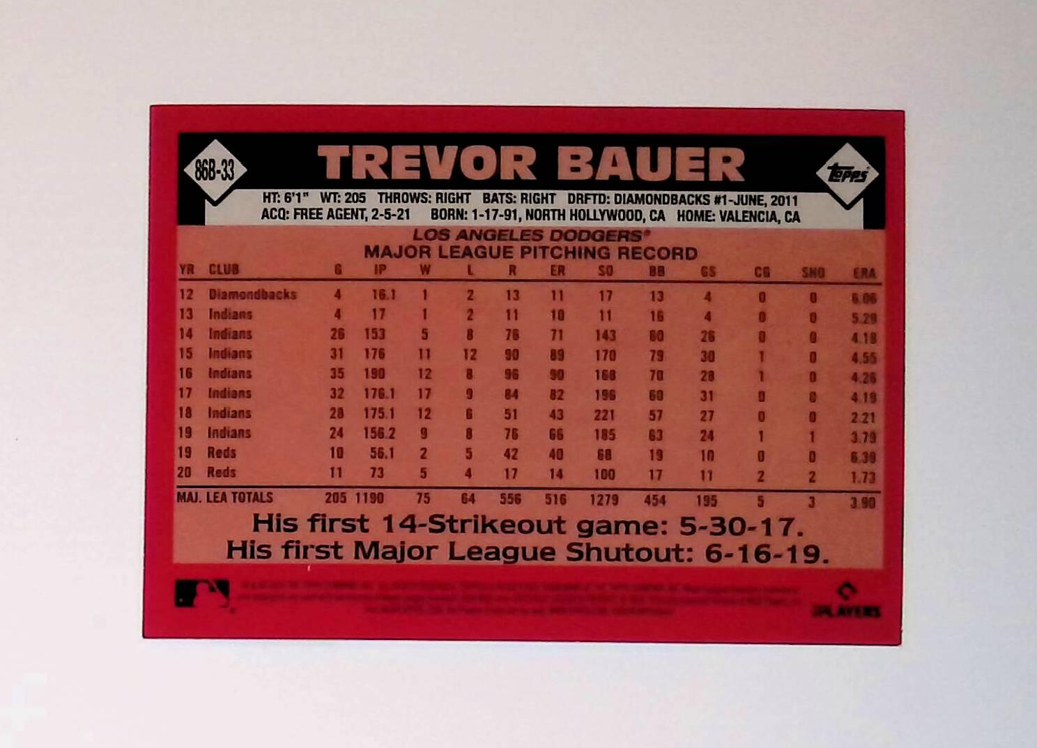 2021 Topps Update 1986 Topps Baseball #86B-33 Trevor Bauer - LoCo Collectables
