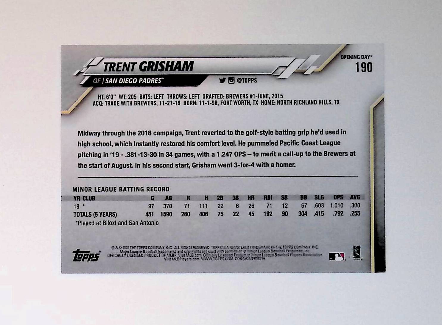 Trent Grisham 2020 Topps Opening Day #190 (Rookie Card) - LoCo Collectables