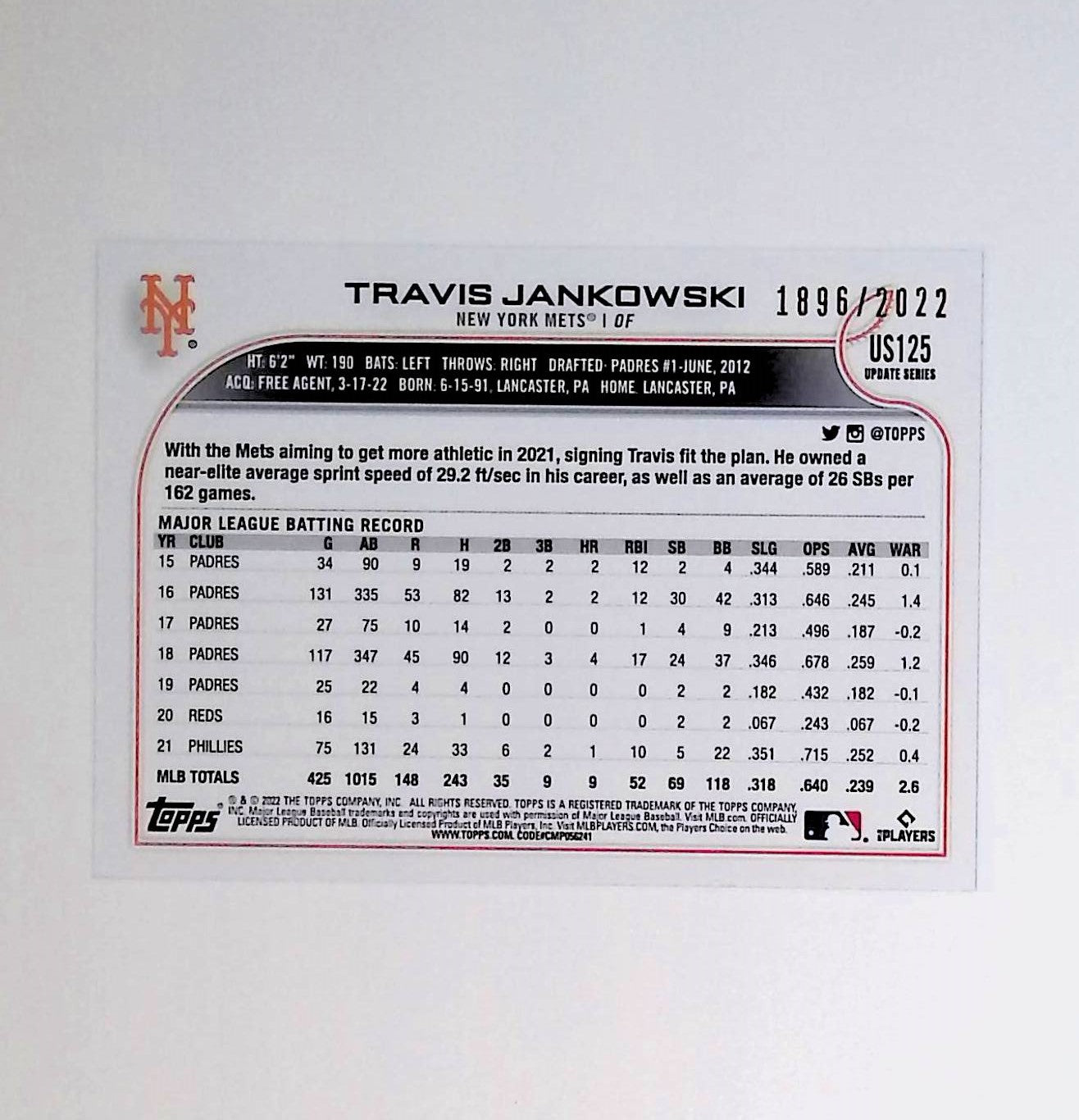 Travis Jankowski 2022 Topps Update Gold #US125, 1896 /2022 - LoCo Collectables