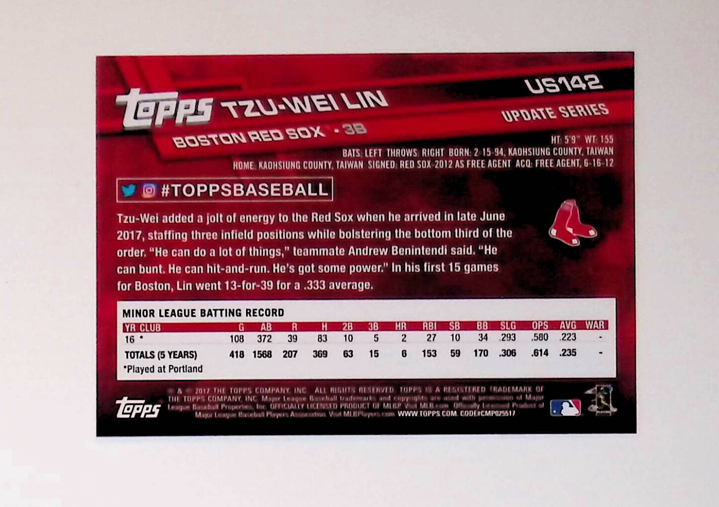 Tzu-Wei Lin 2017 Topps Update #US142 (Rookie Card) - LoCo Collectables